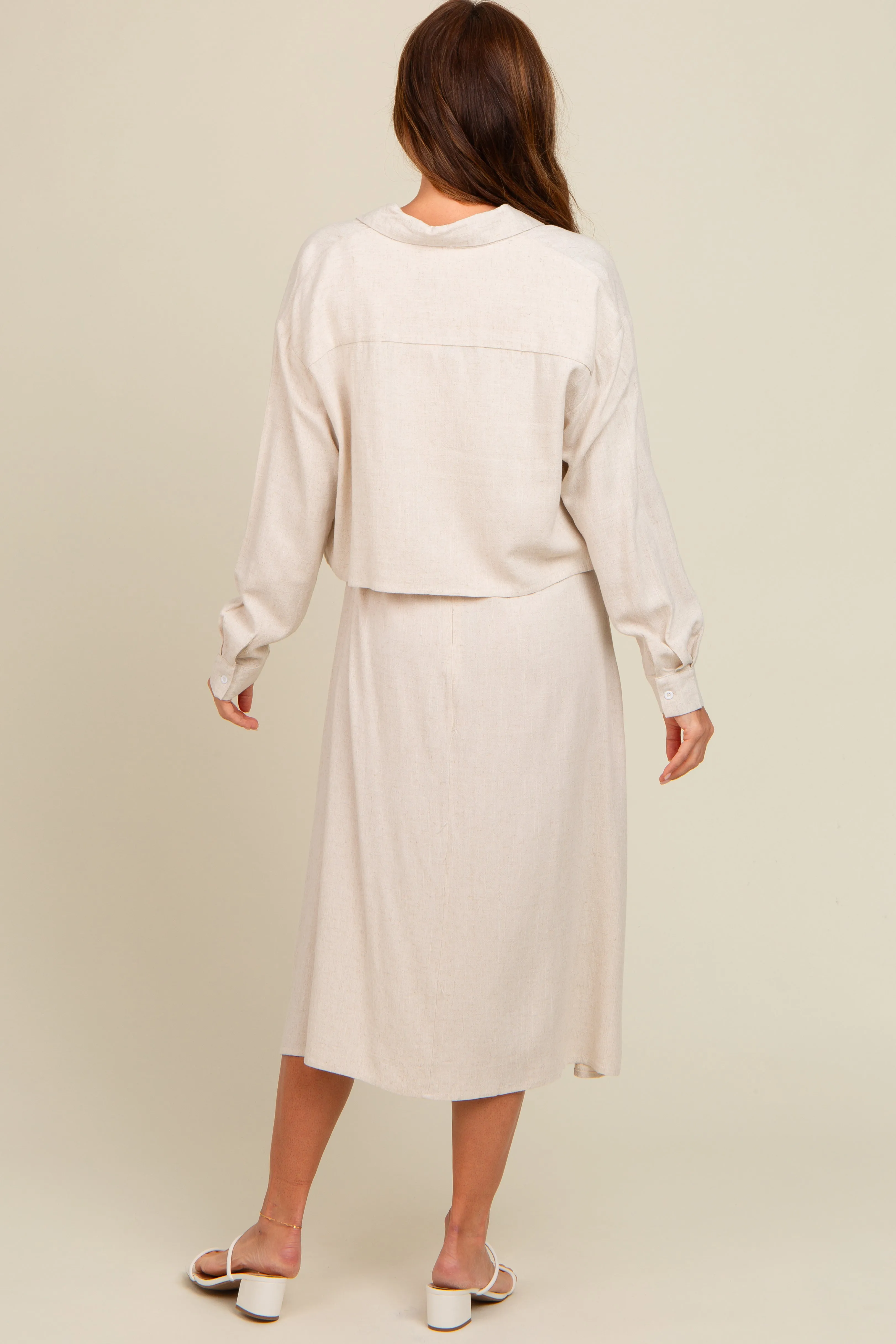 Beige Linen Cropped Shirt Midi Dress Set sold by Pinkblush product image thumbnail 4