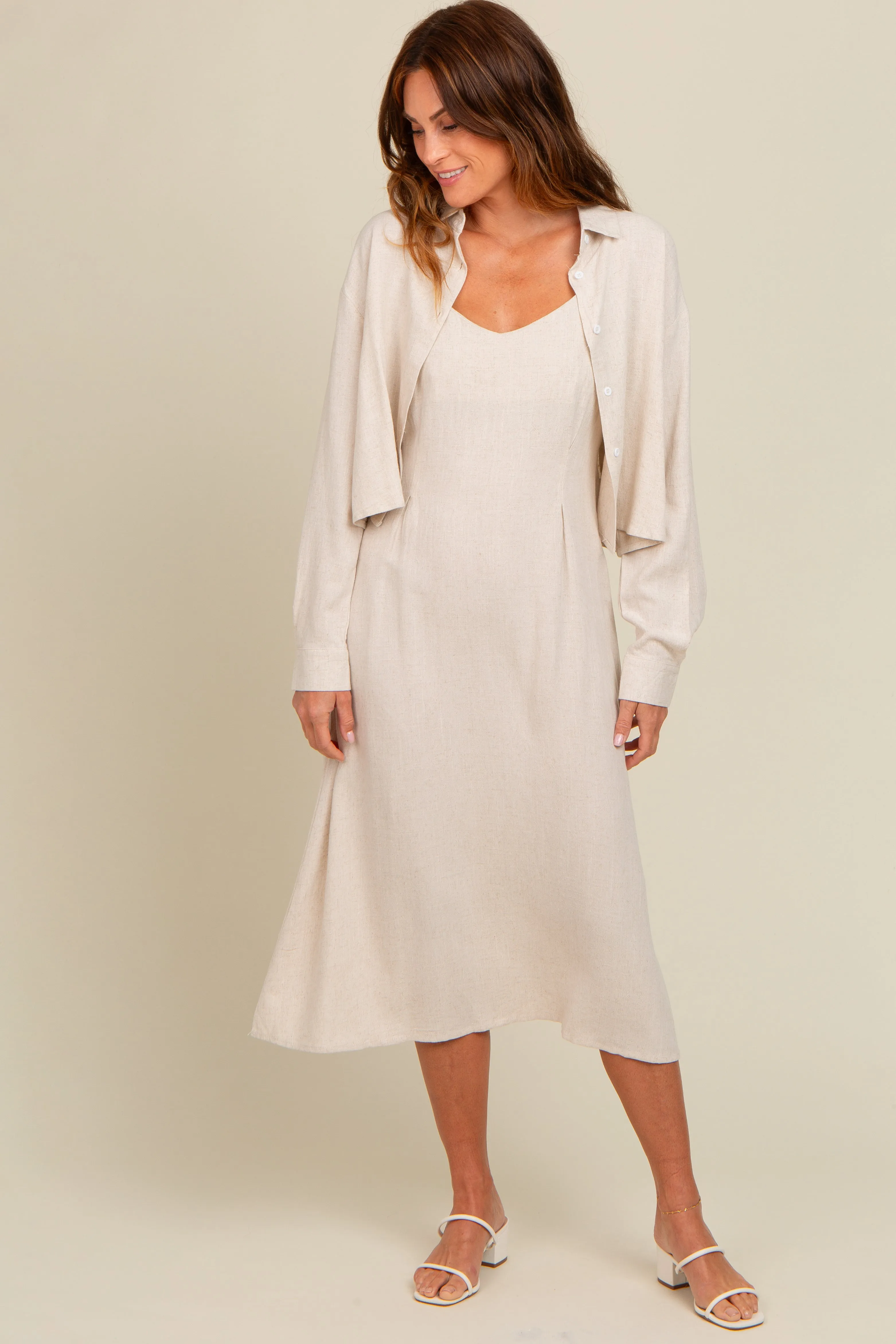 Beige Linen Cropped Shirt Midi Dress Set sold by Pinkblush