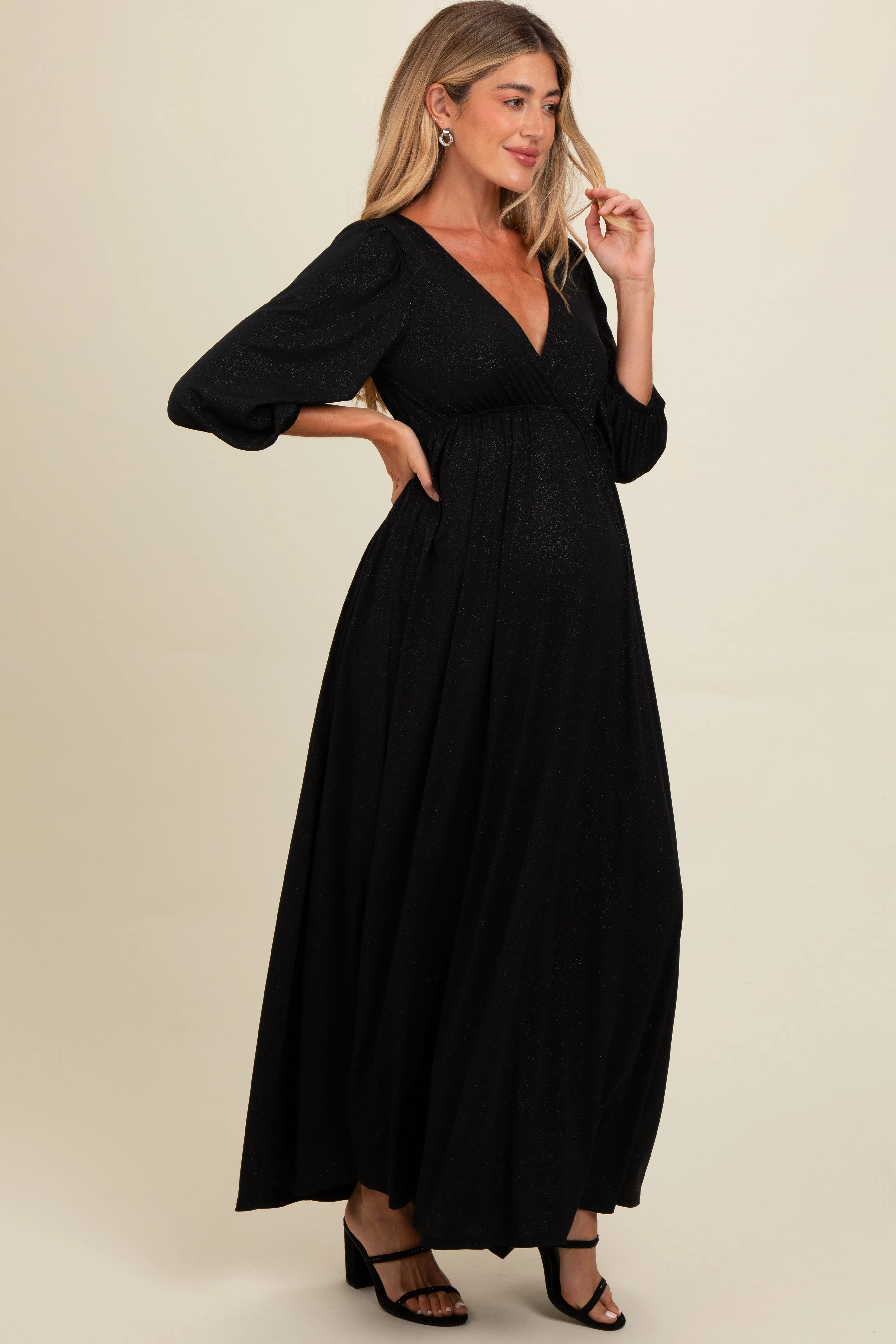 Black Glitter V-Neck Maternity Maxi Dress sold by Pinkblush product image thumbnail 2