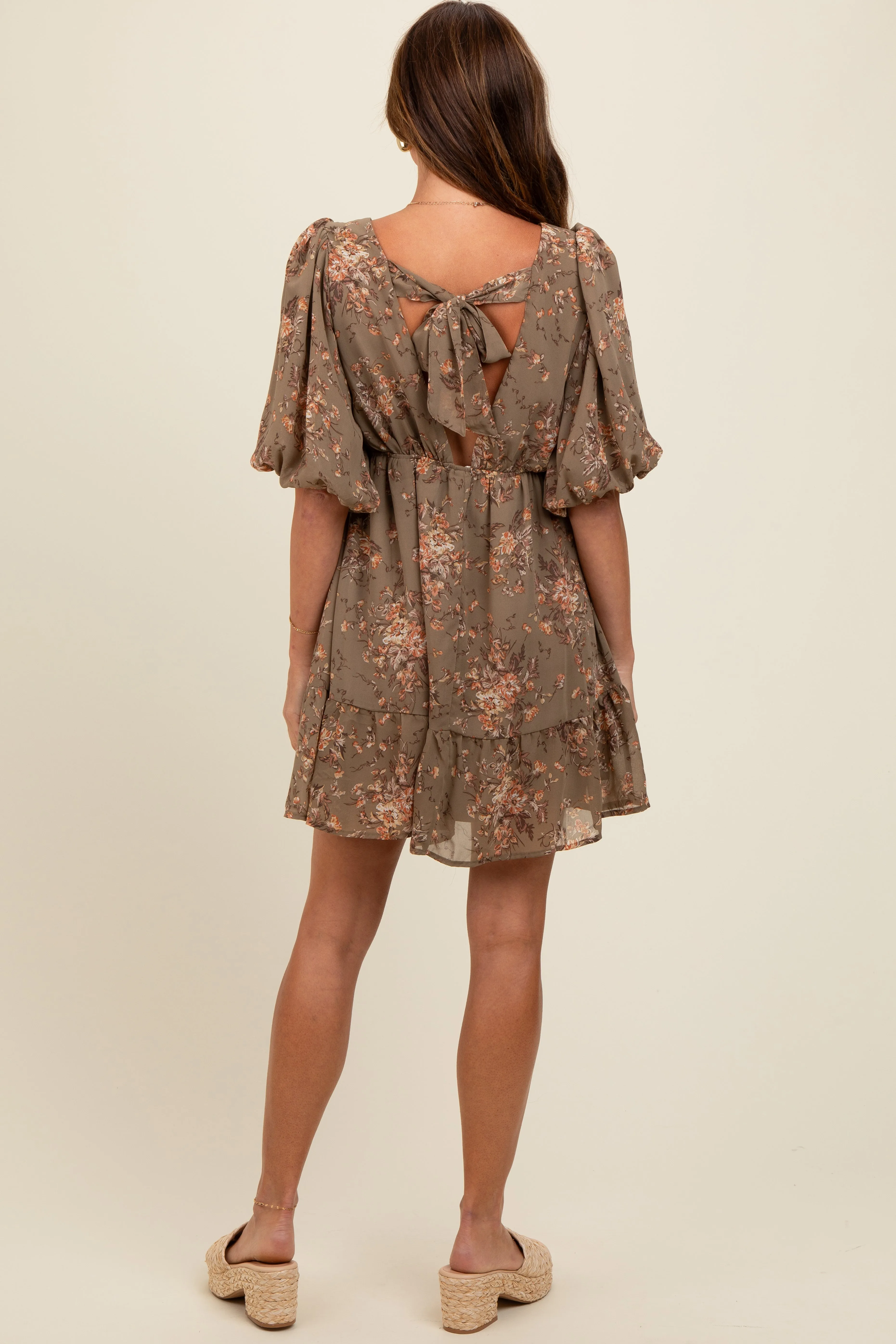 Olive Deep V-Neck Tie Back Floral Mini Dress sold by Pinkblush product image thumbnail 4