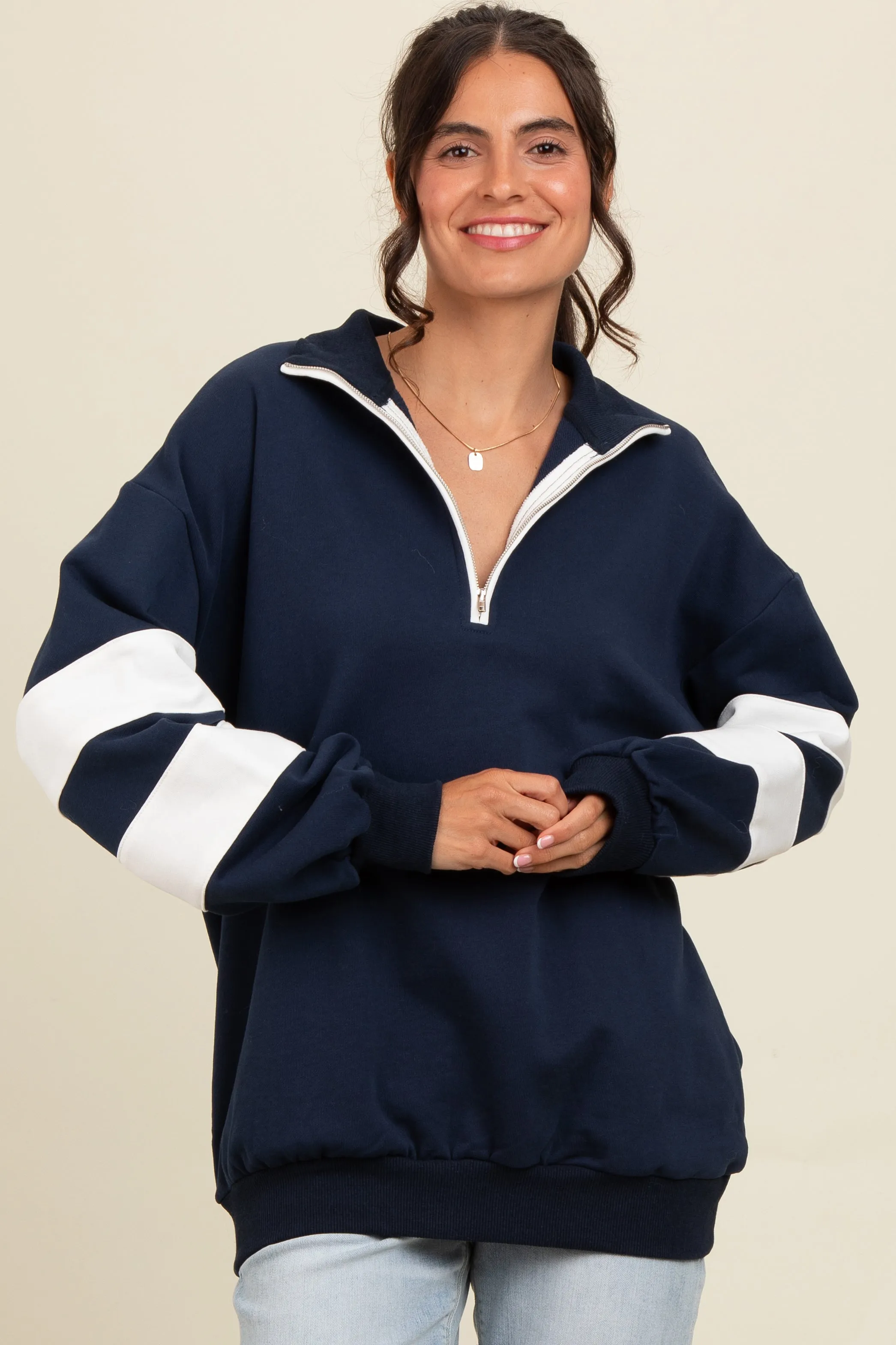 Navy Half Zip Stripe Sleeve Pullover sold by Pinkblush product image thumbnail 2