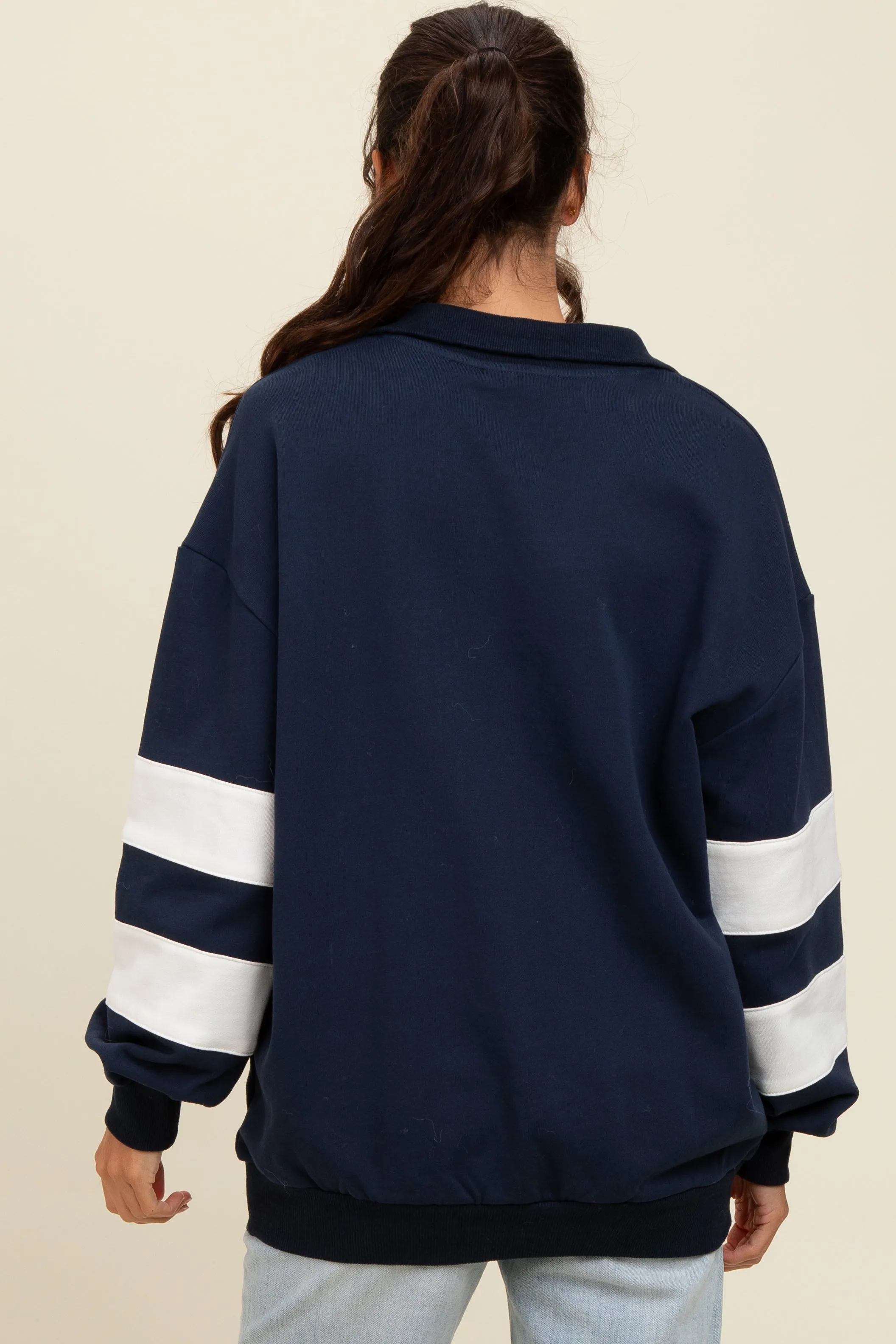Navy Half Zip Stripe Sleeve Pullover sold by Pinkblush product image thumbnail 3