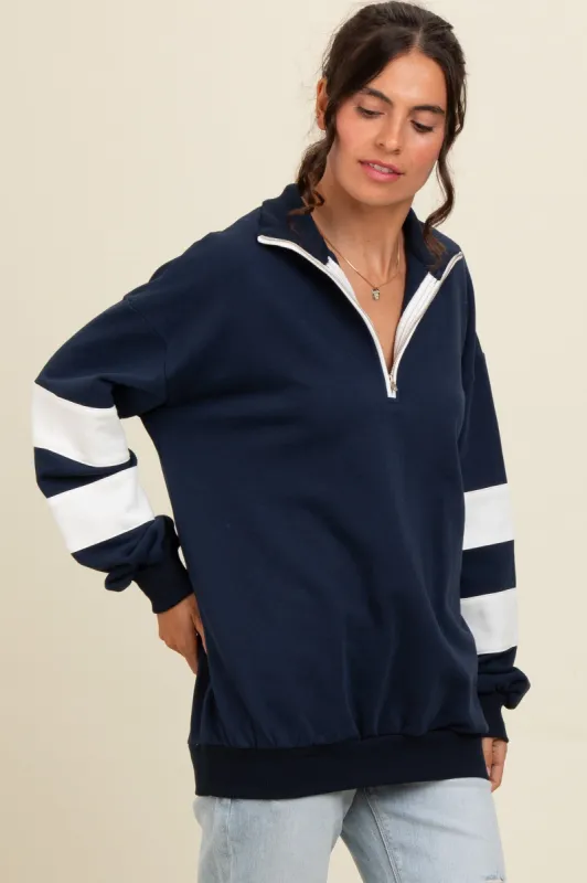 Navy Half Zip Stripe Sleeve Pullover sold by Pinkblush