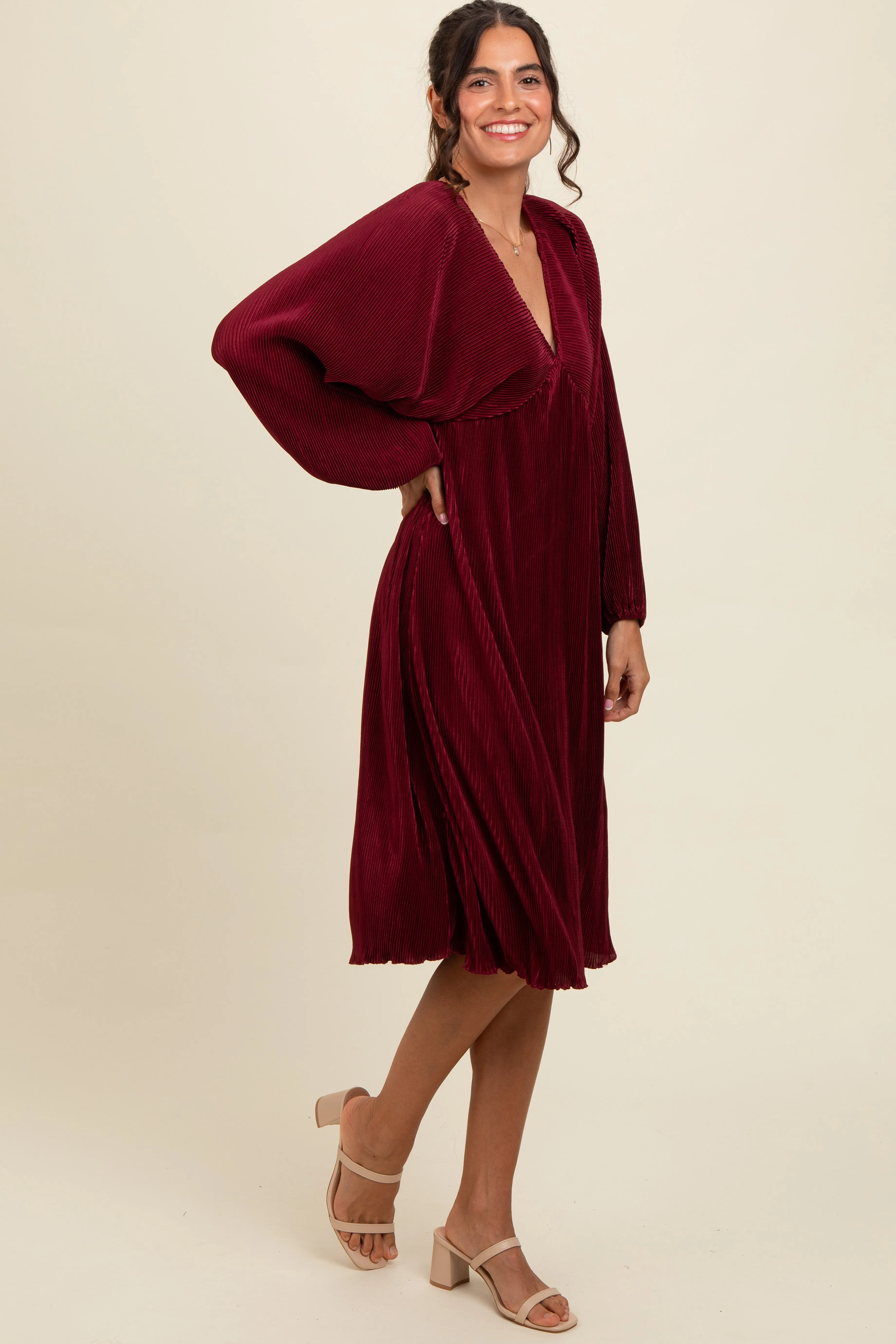 Burgundy Pleated Deep V-Neck Midi Dress sold by Pinkblush product image thumbnail 3
