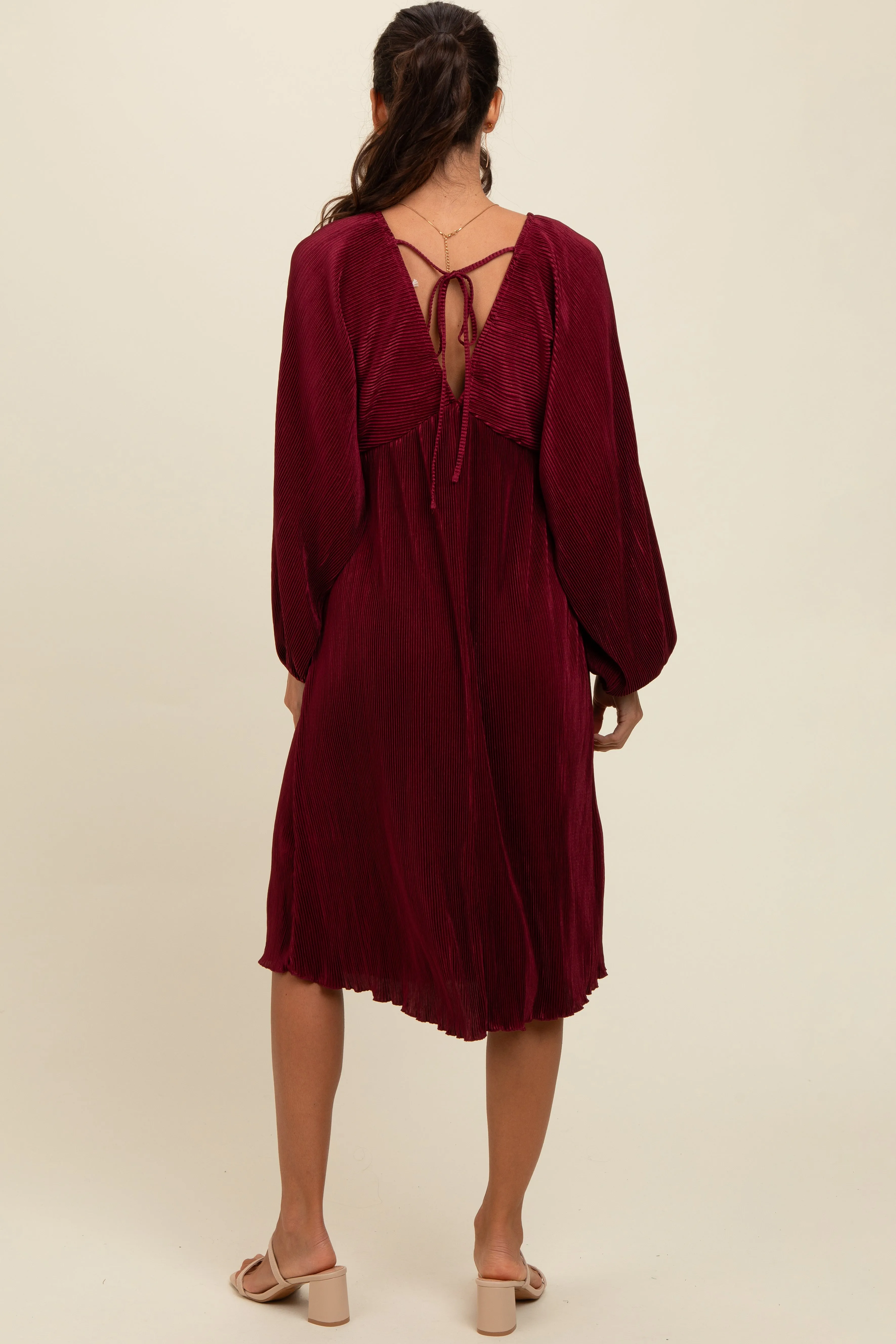 Burgundy Pleated Deep V-Neck Midi Dress sold by Pinkblush product image thumbnail 4