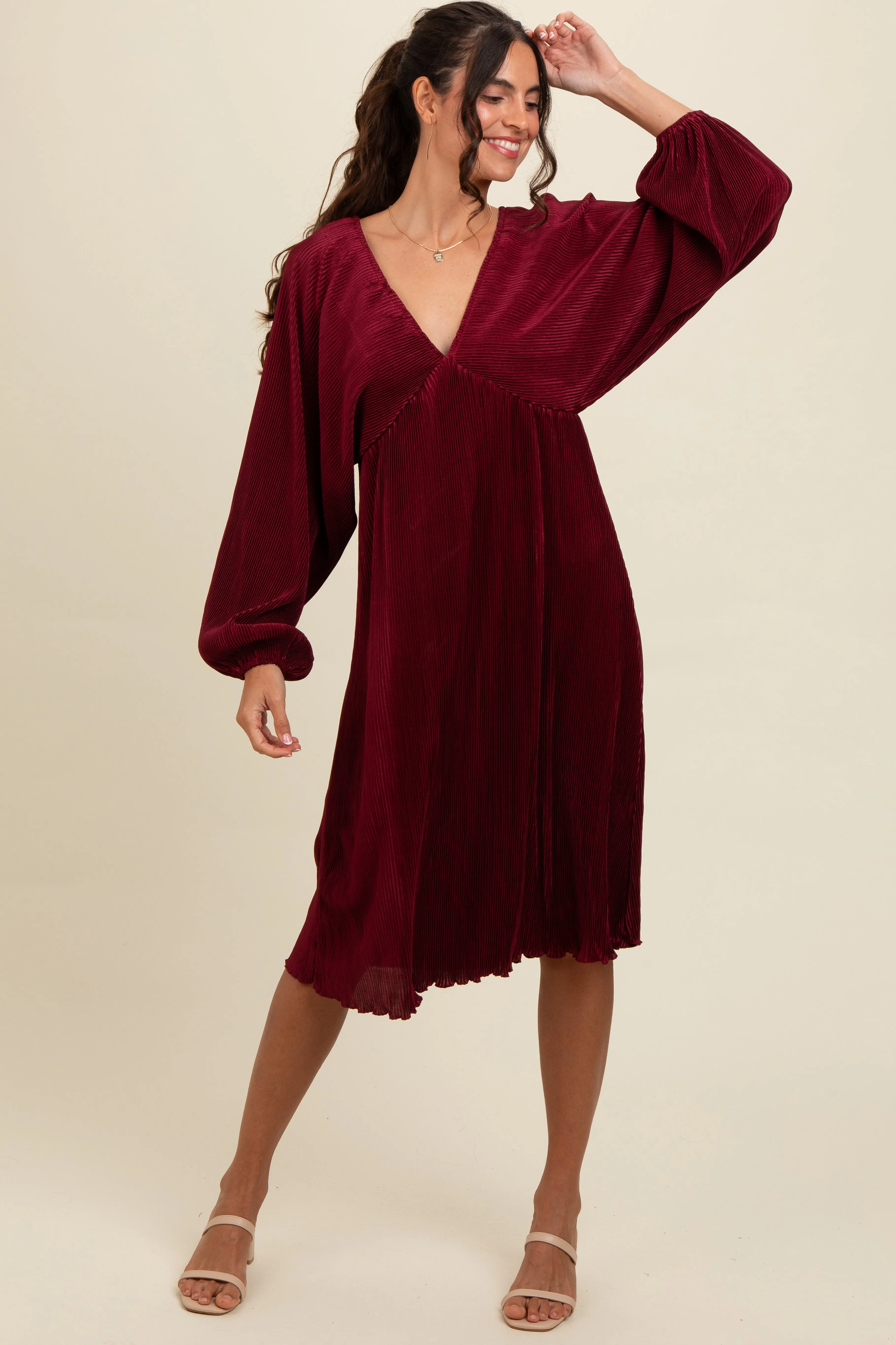 Burgundy Pleated Deep V-Neck Midi Dress sold by Pinkblush product image thumbnail 2