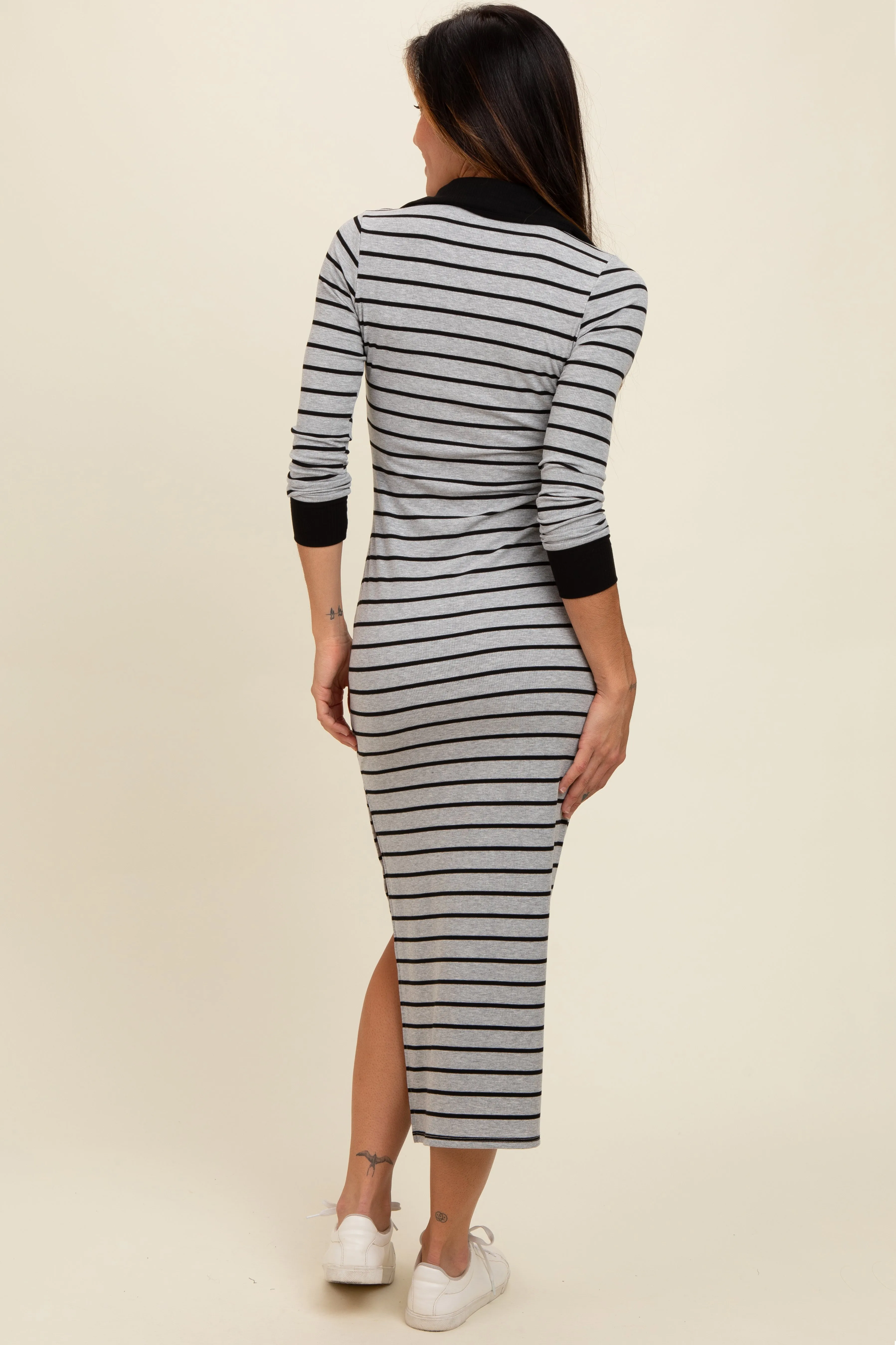 Heather Grey Striped Collared Long Sleeve Midi Dress sold by Pinkblush product image thumbnail 2