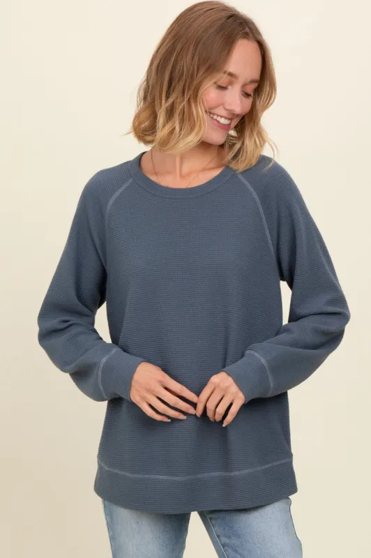 Light Navy Crewneck Waffle Knit Pullover Top sold by Pinkblush