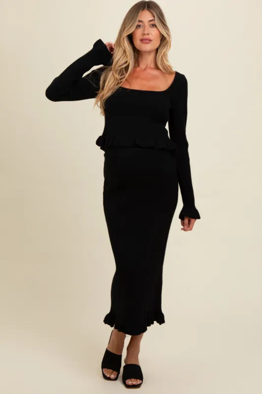Black Ruffle Hem Knit Top And Midi Skirt Maternity Set sold by Pinkblush