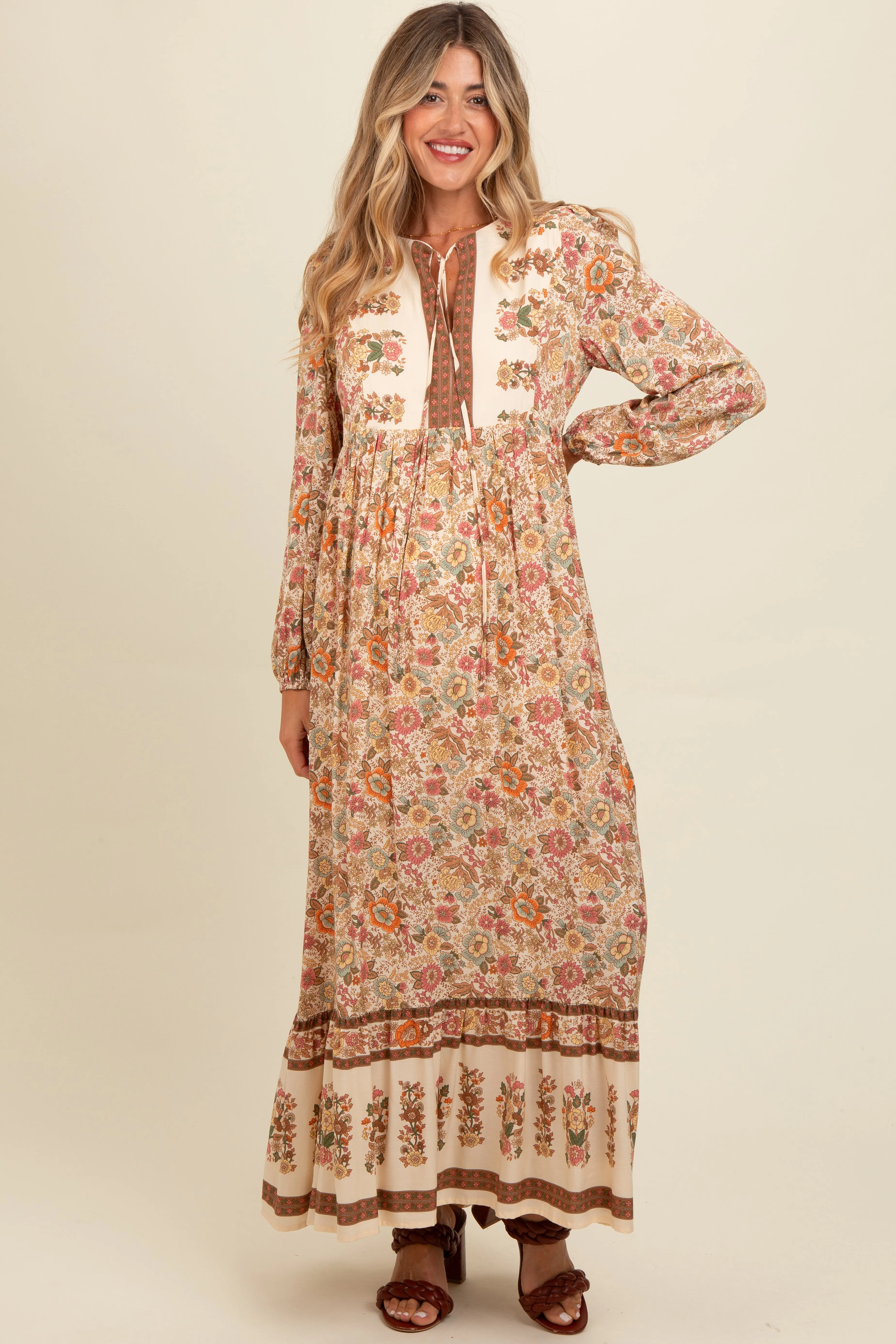 Cream Floral Border Print Maternity Maxi Dress sold by Pinkblush