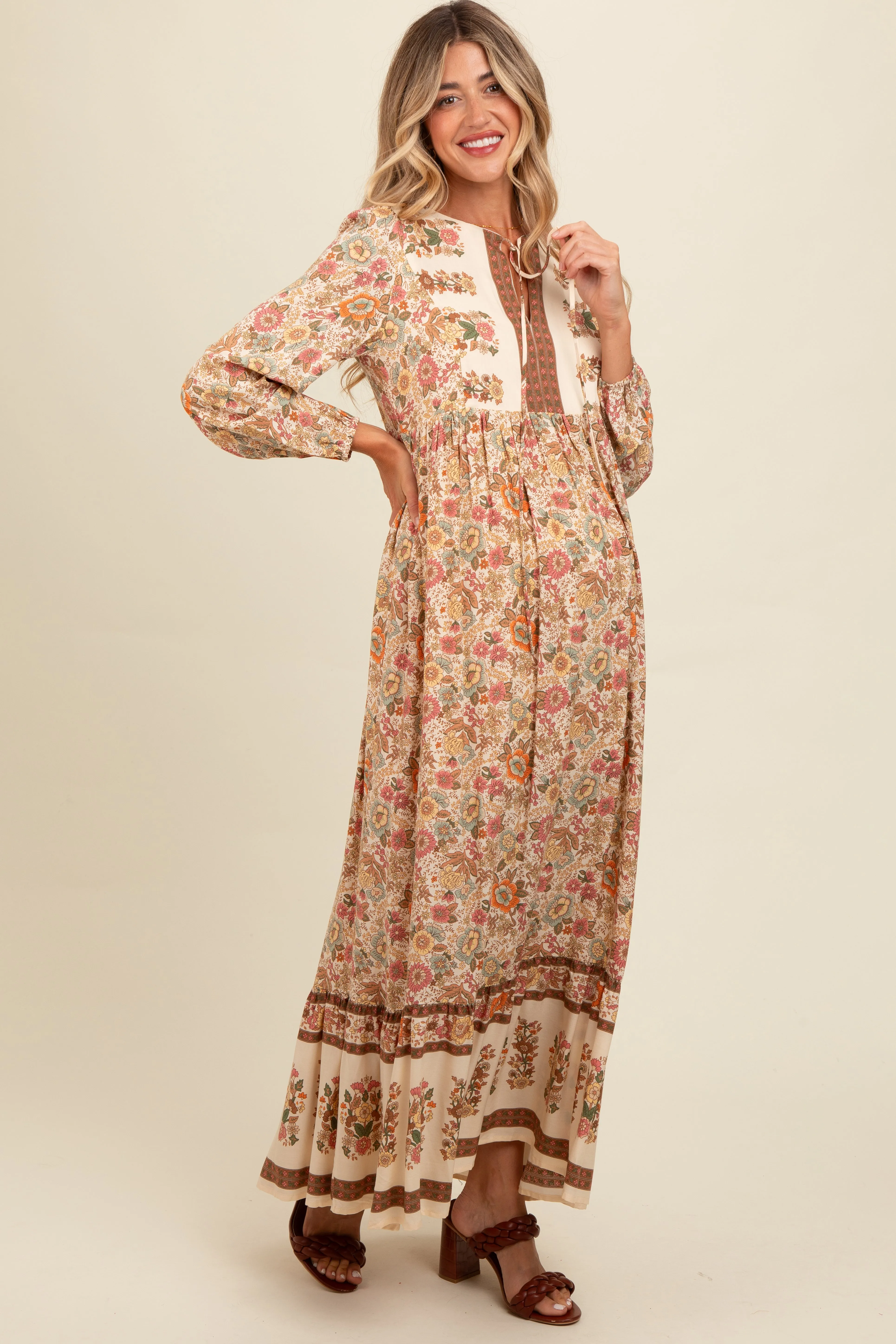 Cream Floral Border Print Maternity Maxi Dress sold by Pinkblush product image thumbnail 2