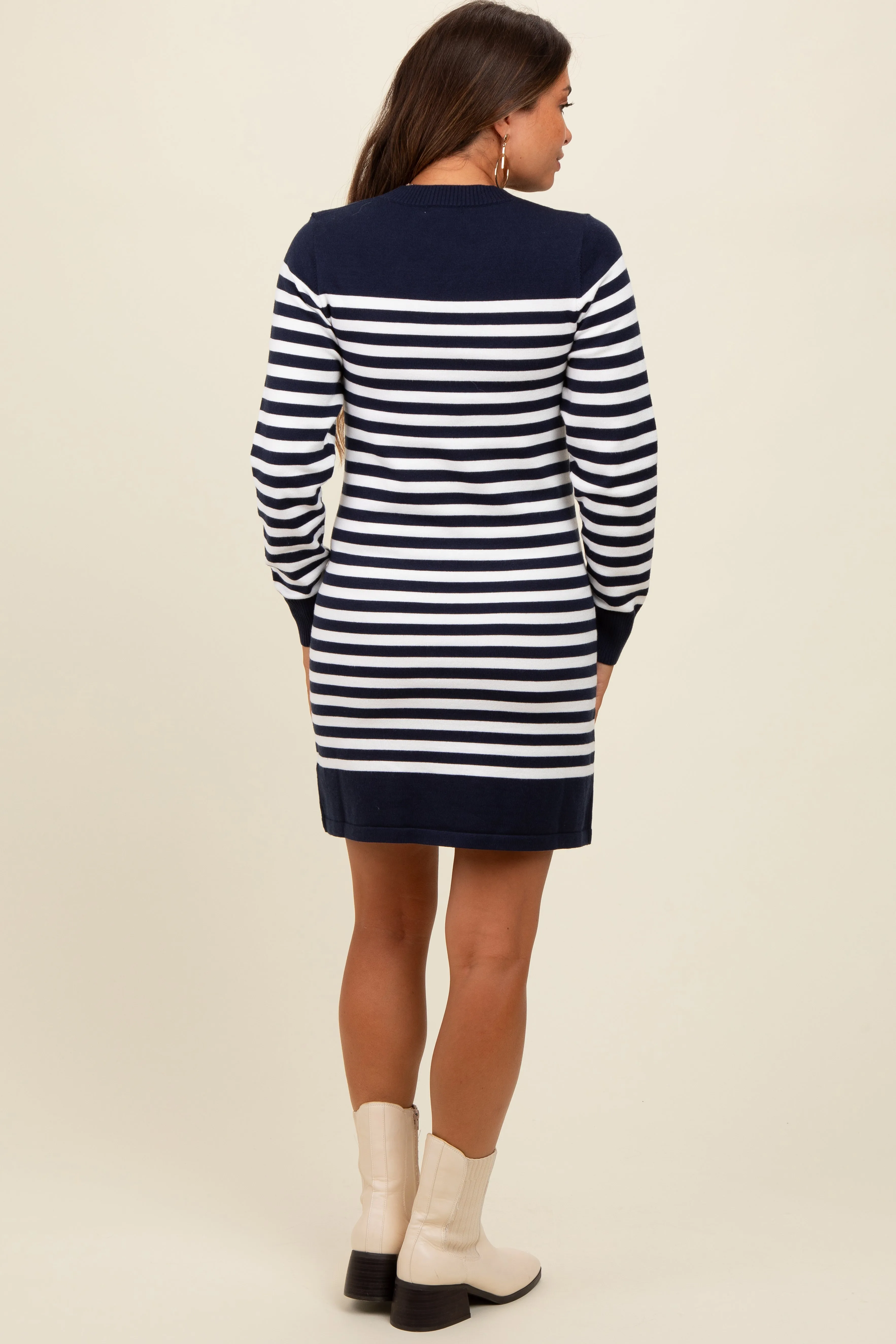 Navy Striped Long Sleeve Knit Maternity Mini Dress sold by Pinkblush product image thumbnail 4