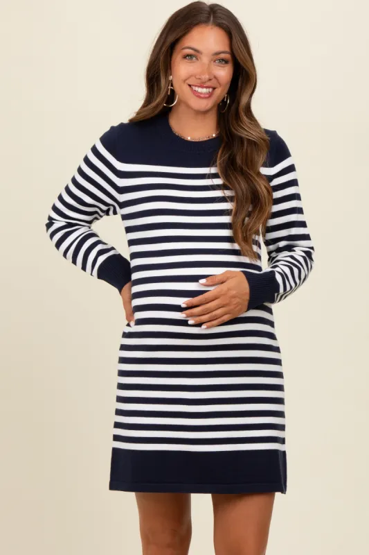 Navy Striped Long Sleeve Knit Maternity Mini Dress sold by Pinkblush