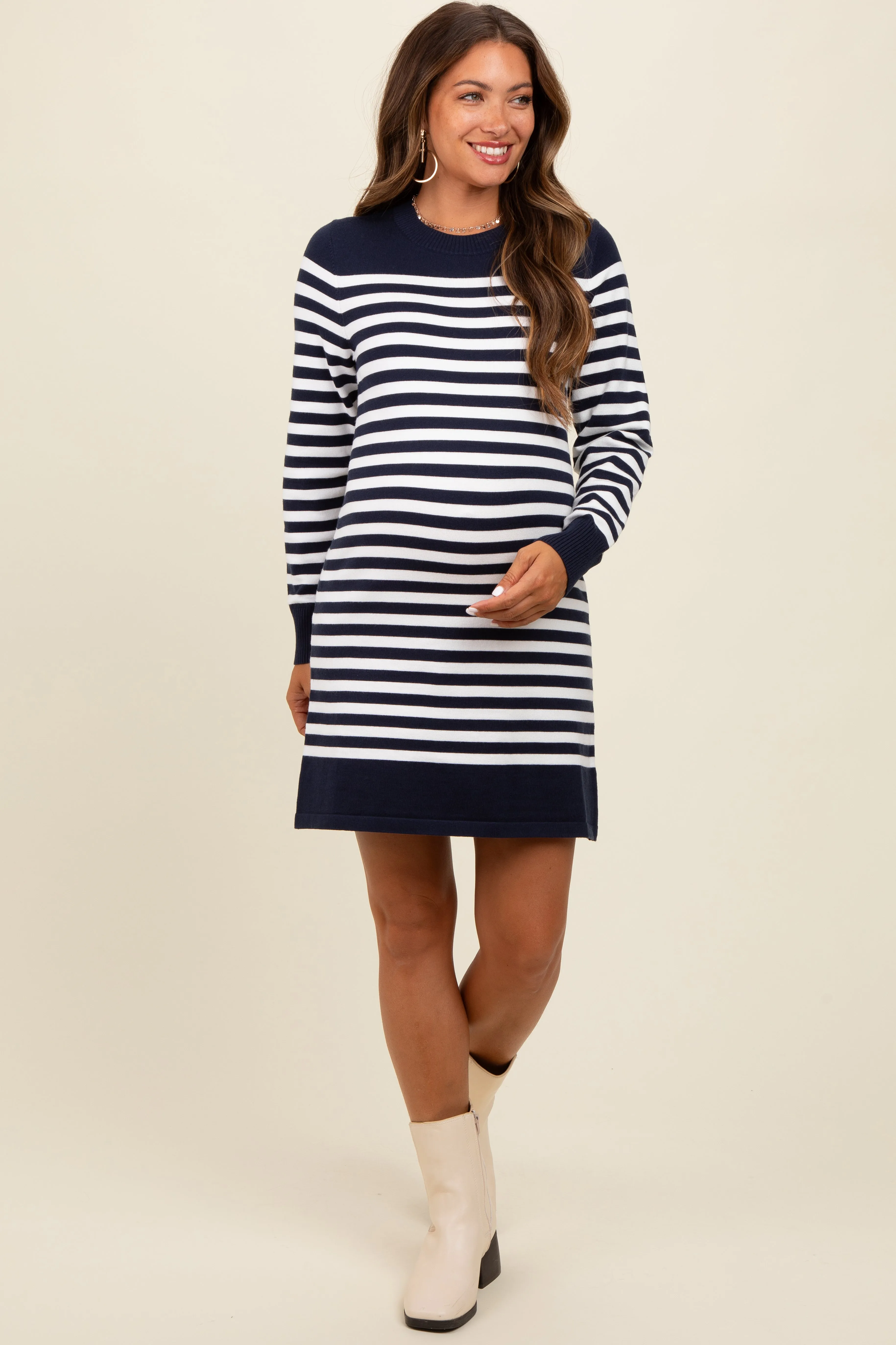 Navy Striped Long Sleeve Knit Maternity Mini Dress sold by Pinkblush product image thumbnail 2