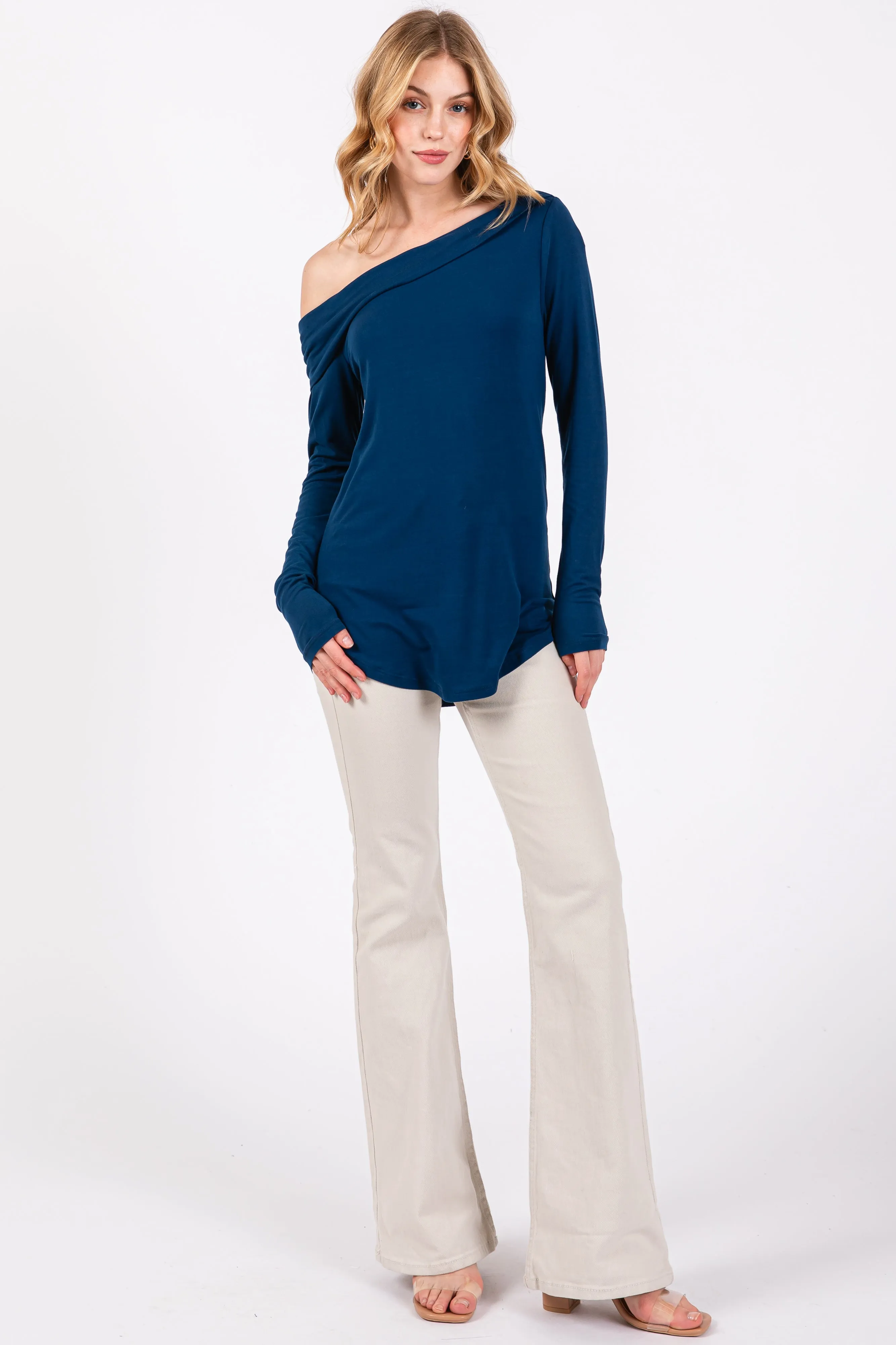 Navy Long Sleeve Off Shoulder Top sold by Pinkblush