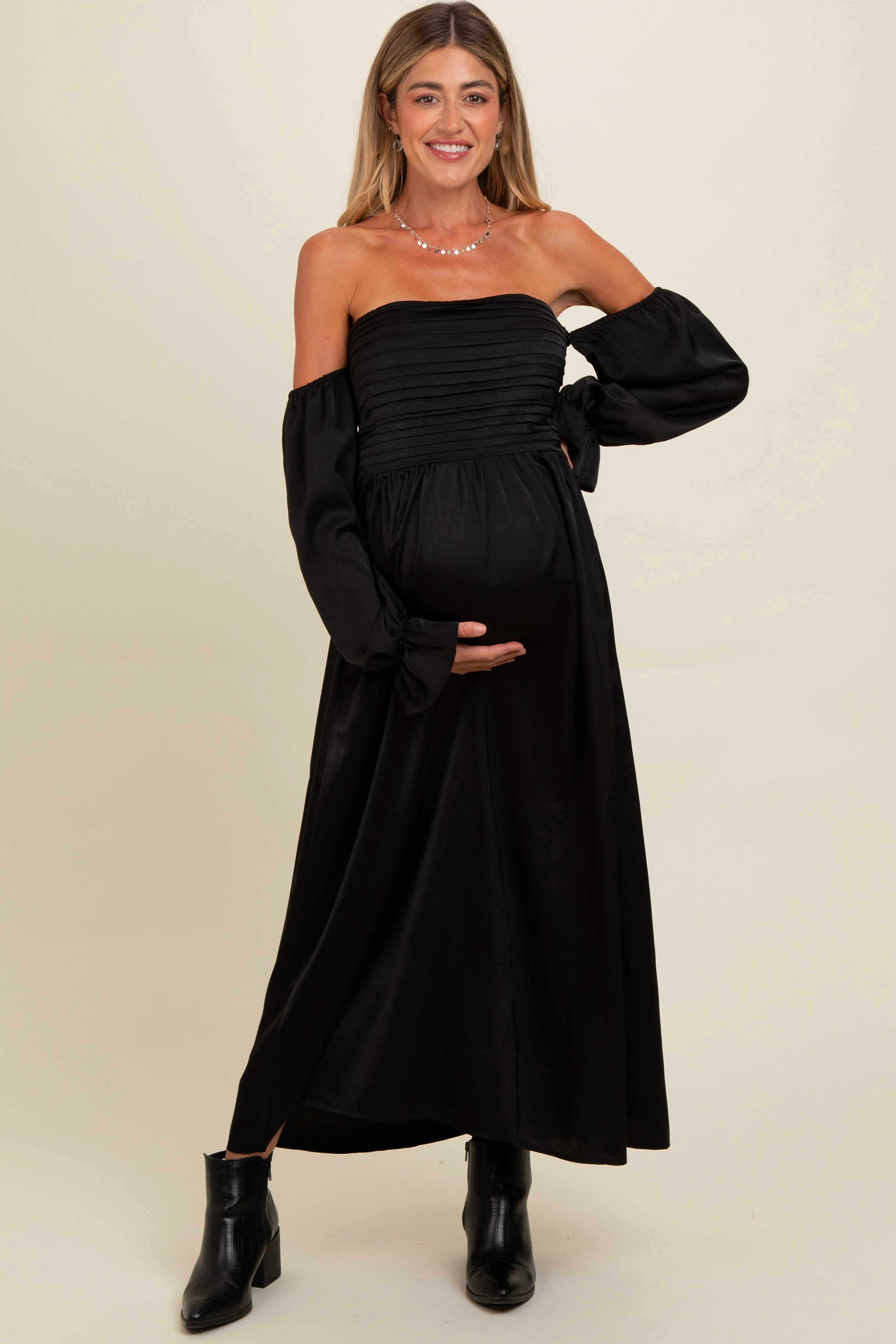 Black Off Shoulder Satin Pleated Bodice Maternity Maxi Dress sold by Pinkblush
