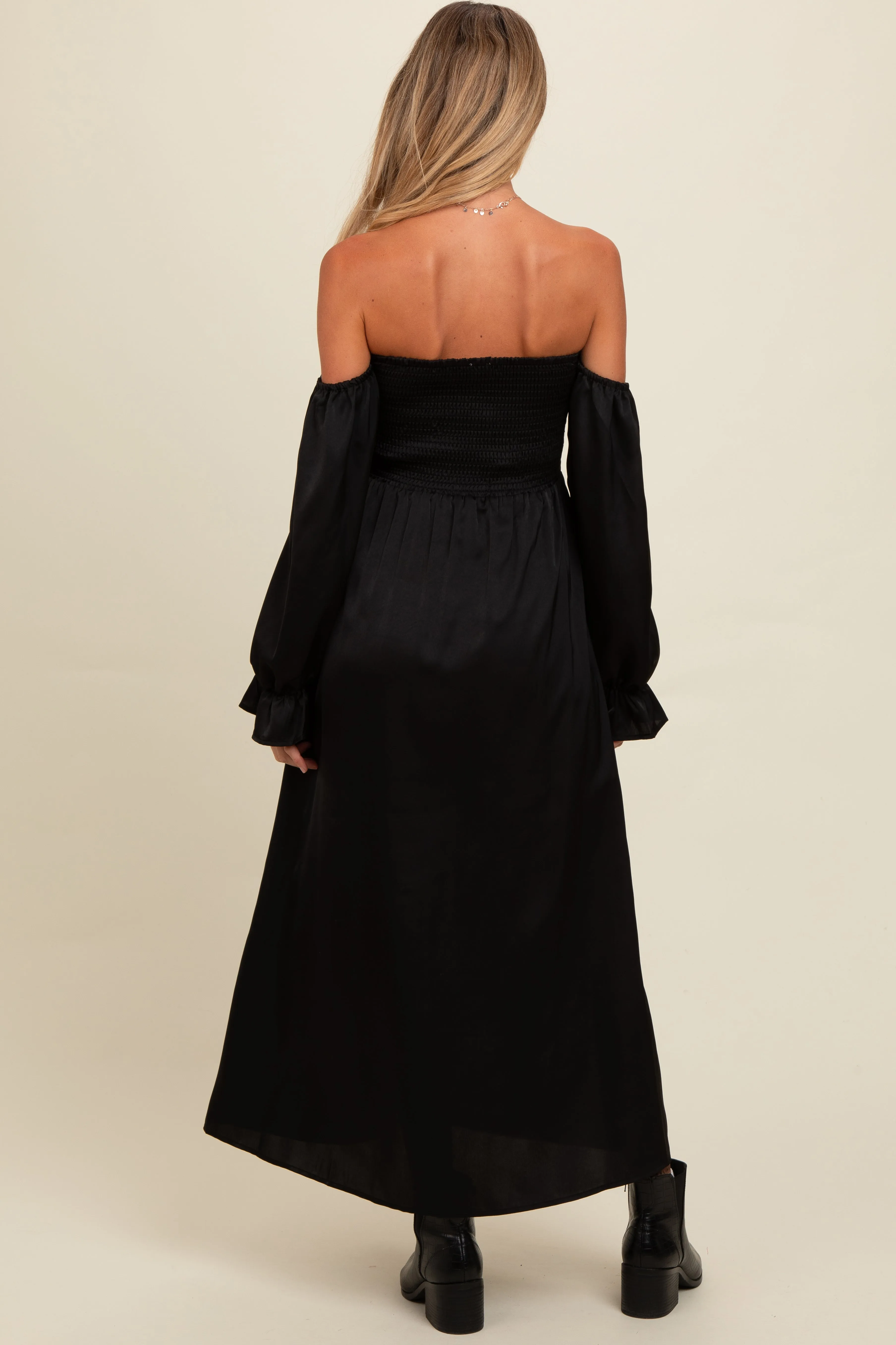 Black Off Shoulder Satin Pleated Bodice Maternity Maxi Dress sold by Pinkblush product image thumbnail 2