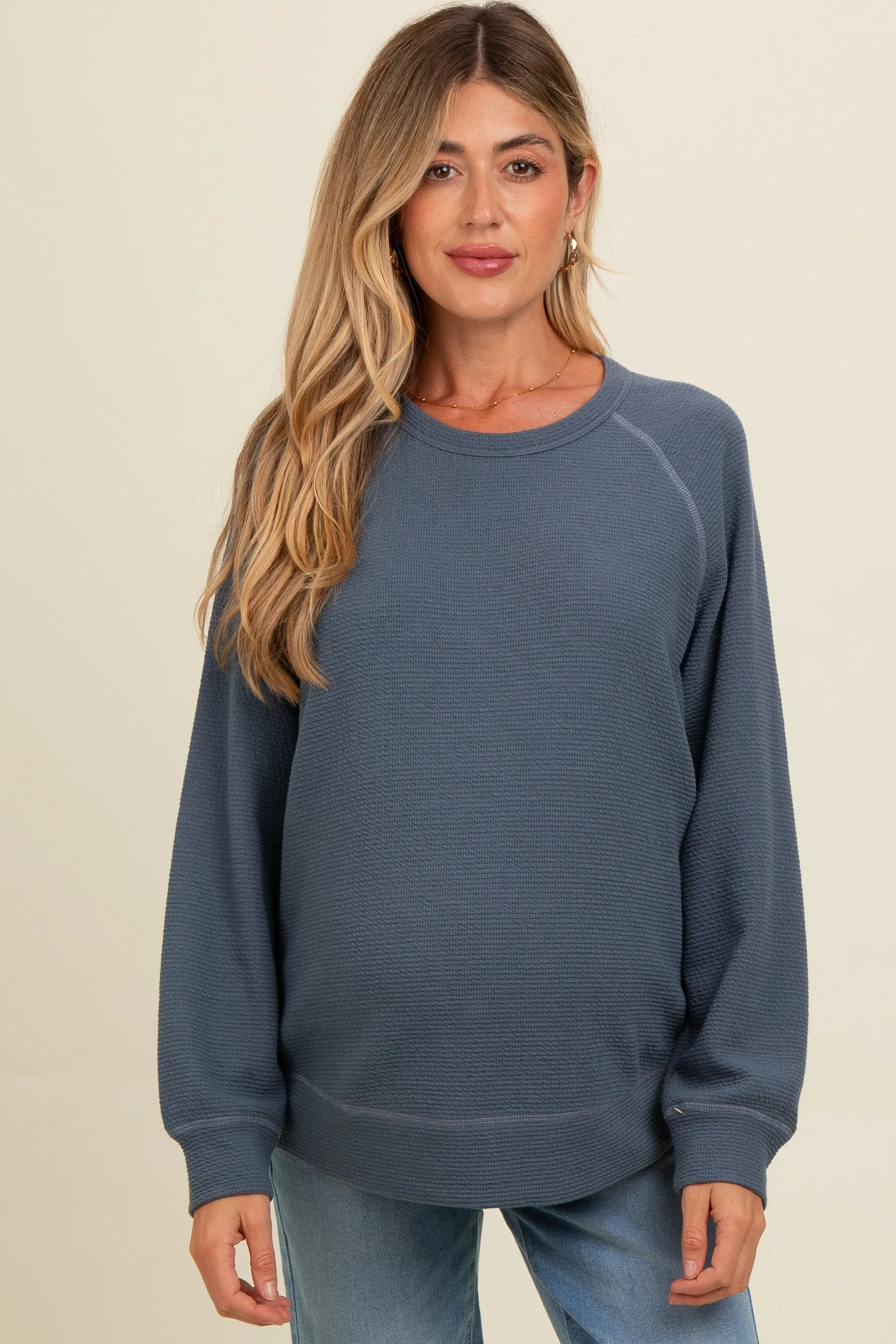 Light Navy Crewneck Waffle Knit Maternity Pullover Top sold by Pinkblush product image thumbnail 2