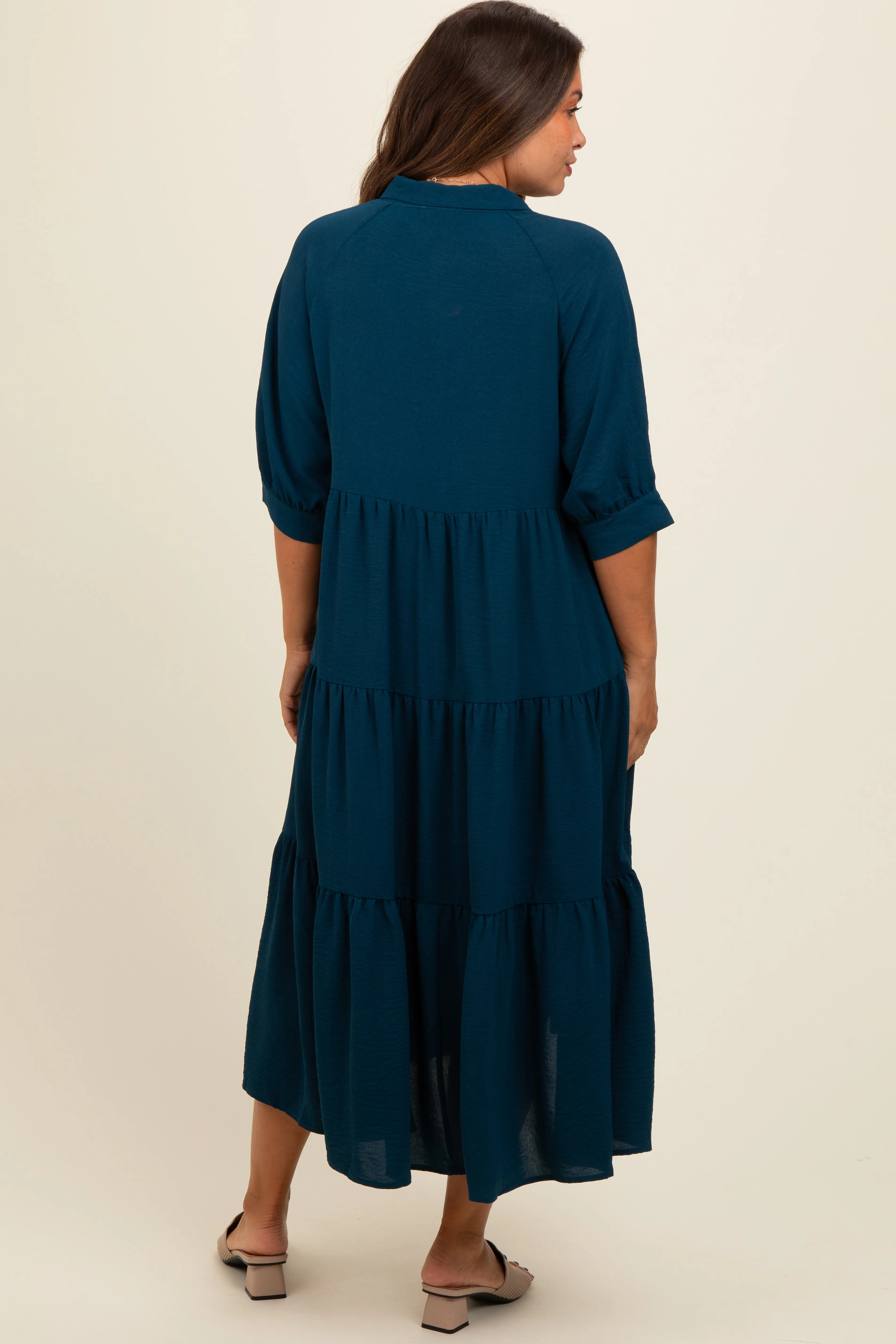 Dark Teal Collared Button Up Tiered Maternity Midi Dress sold by Pinkblush product image thumbnail 4