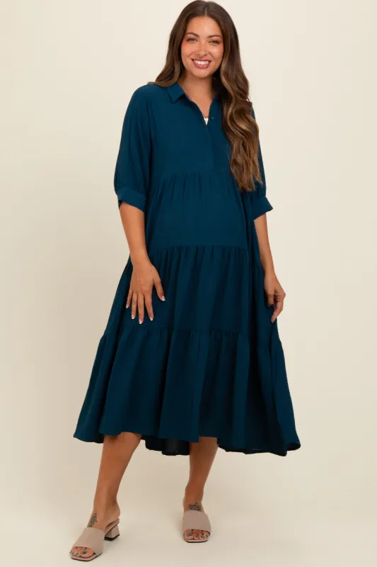 Dark Teal Collared Button Up Tiered Maternity Midi Dress sold by Pinkblush