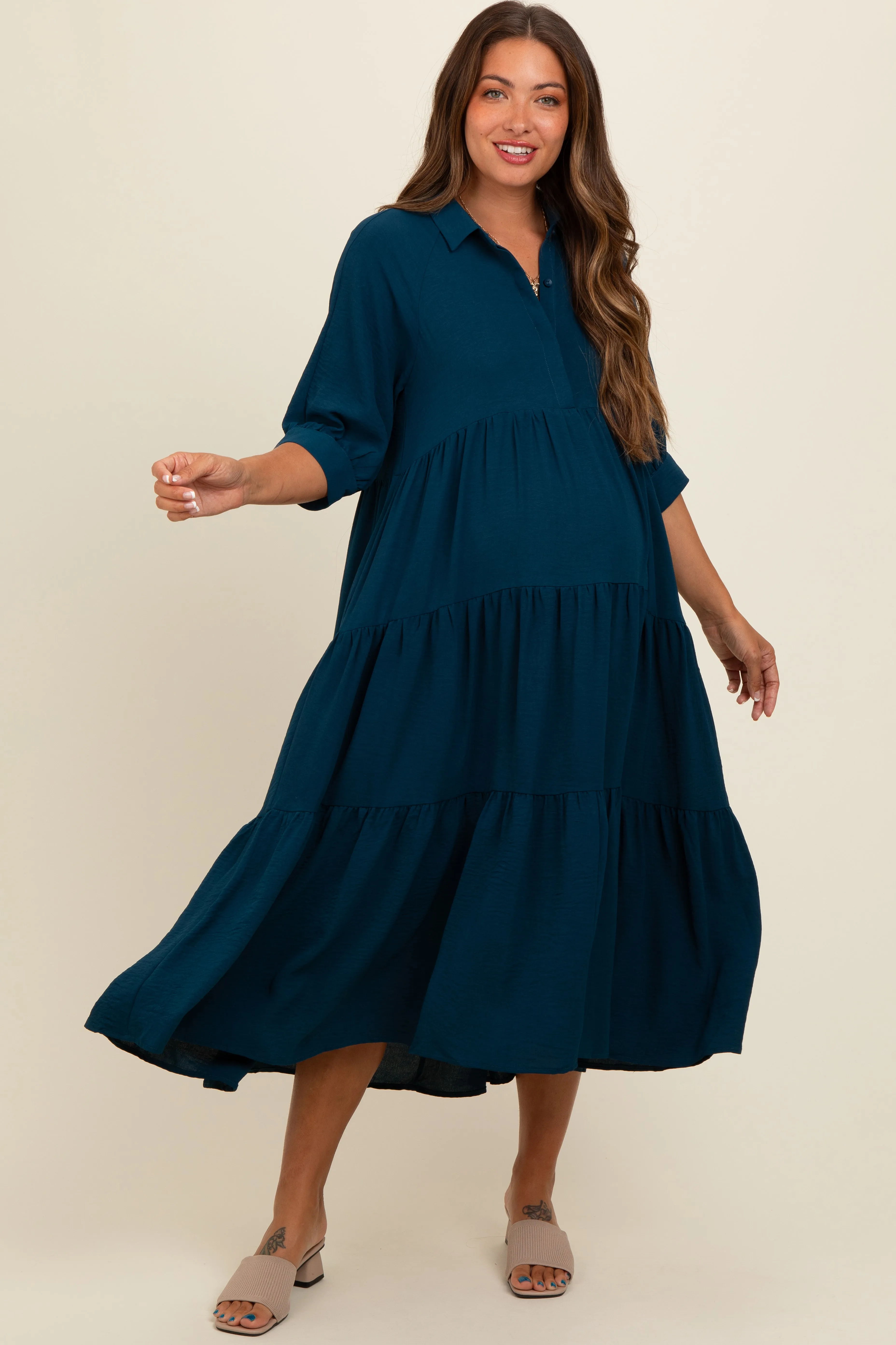 Dark Teal Collared Button Up Tiered Maternity Midi Dress sold by Pinkblush product image thumbnail 2