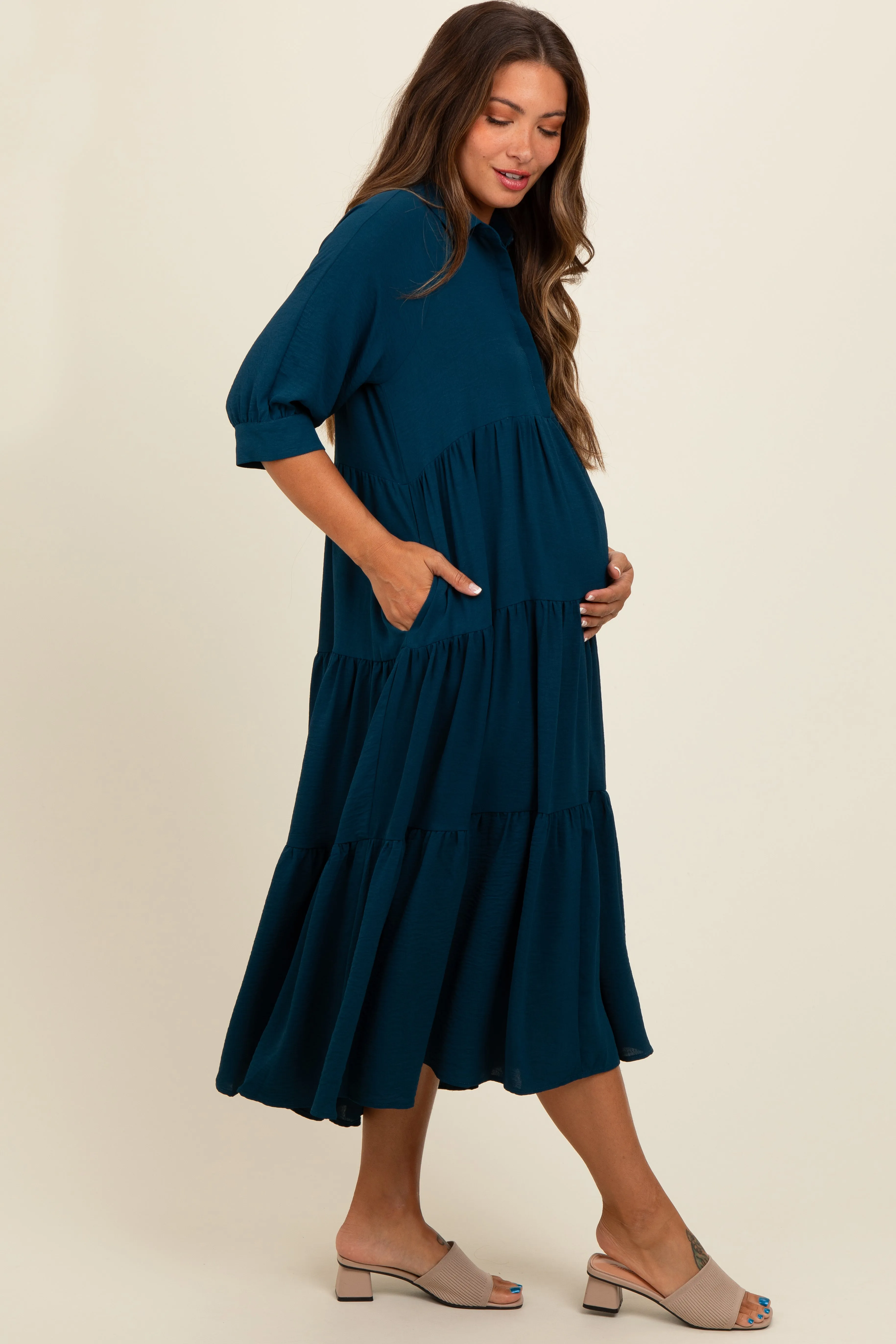 Dark Teal Collared Button Up Tiered Maternity Midi Dress sold by Pinkblush product image thumbnail 3