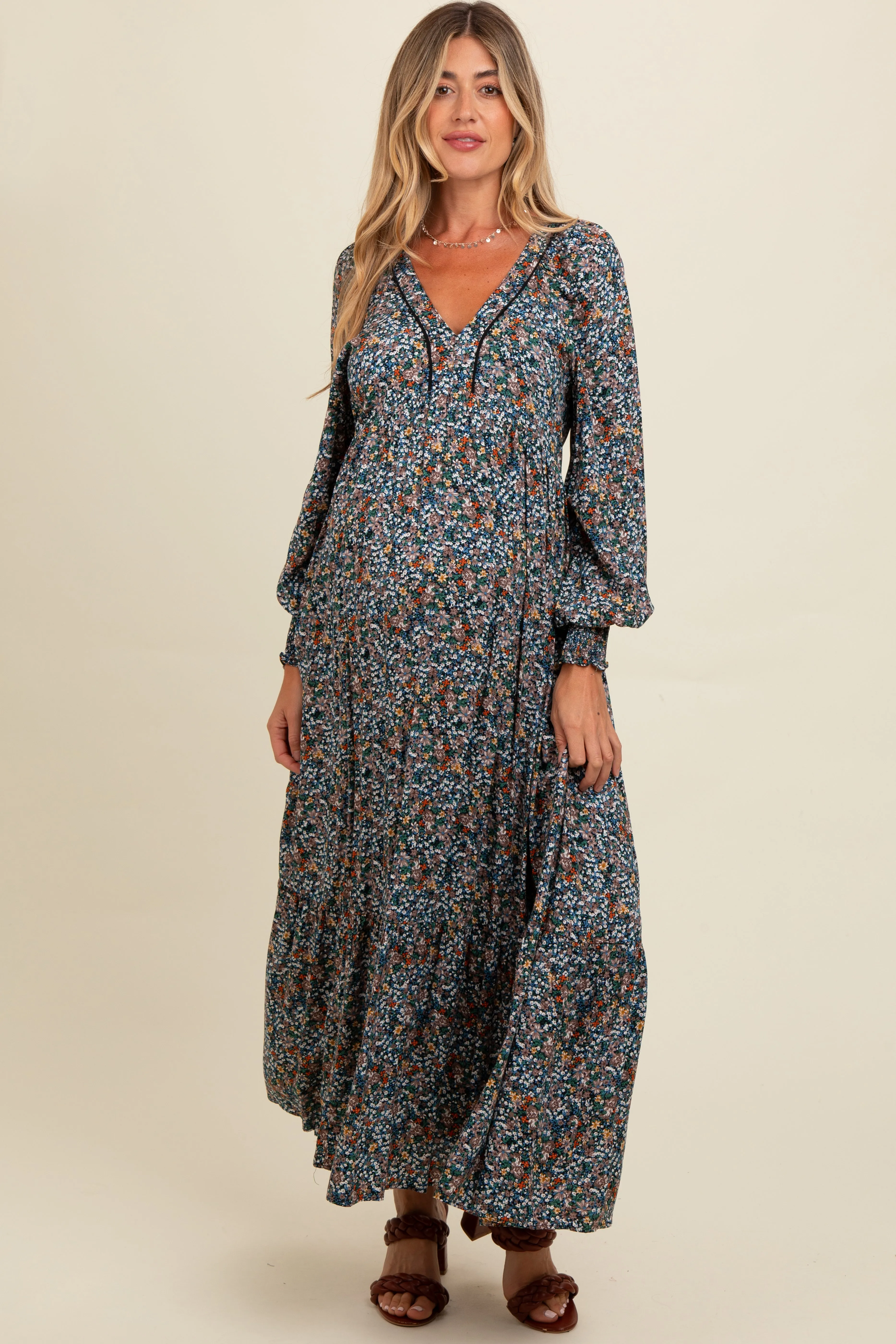 Navy Floral V-Neck Bubble Sleeve Maternity Maxi Dress sold by Pinkblush