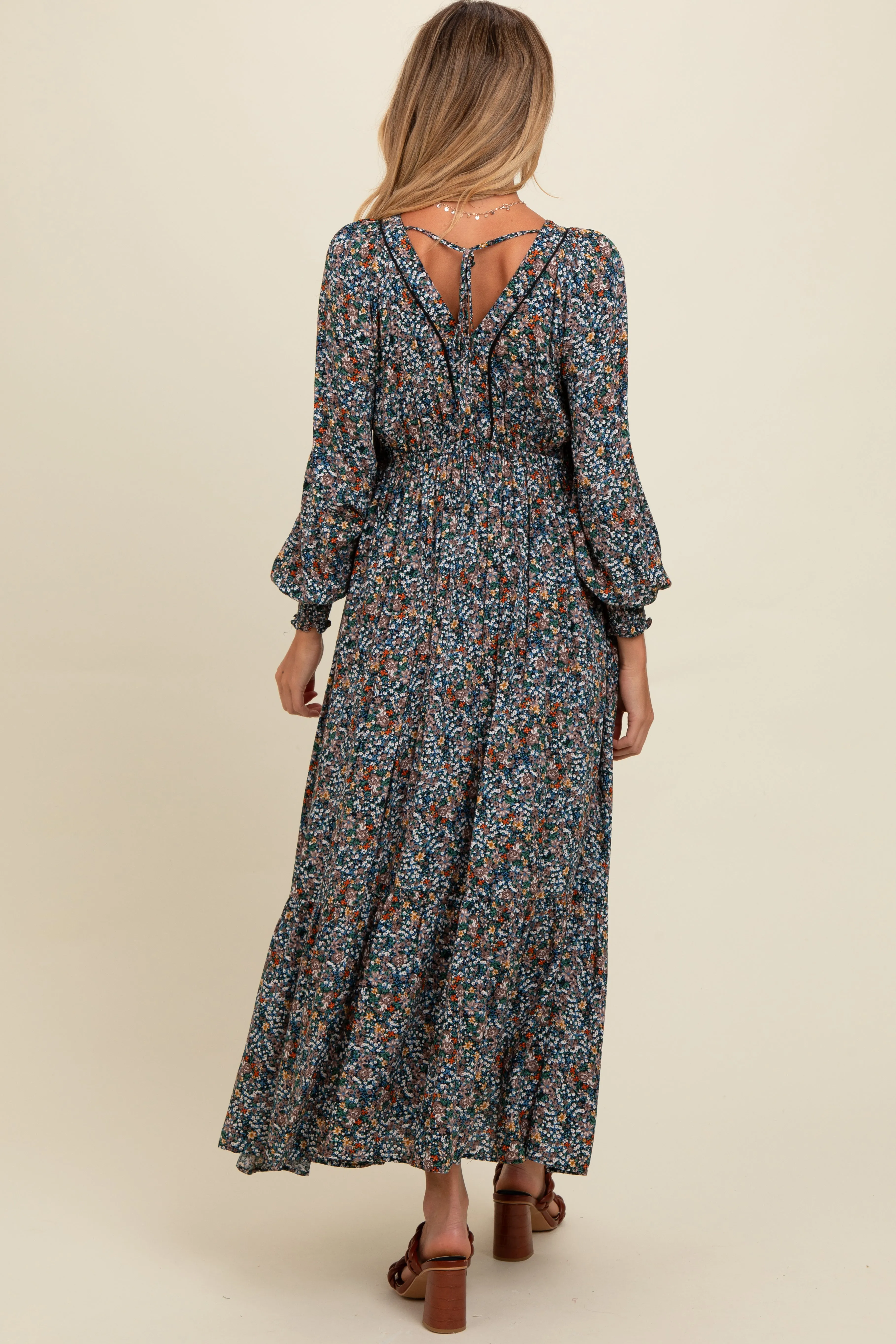Navy Floral V-Neck Bubble Sleeve Maternity Maxi Dress sold by Pinkblush product image thumbnail 4