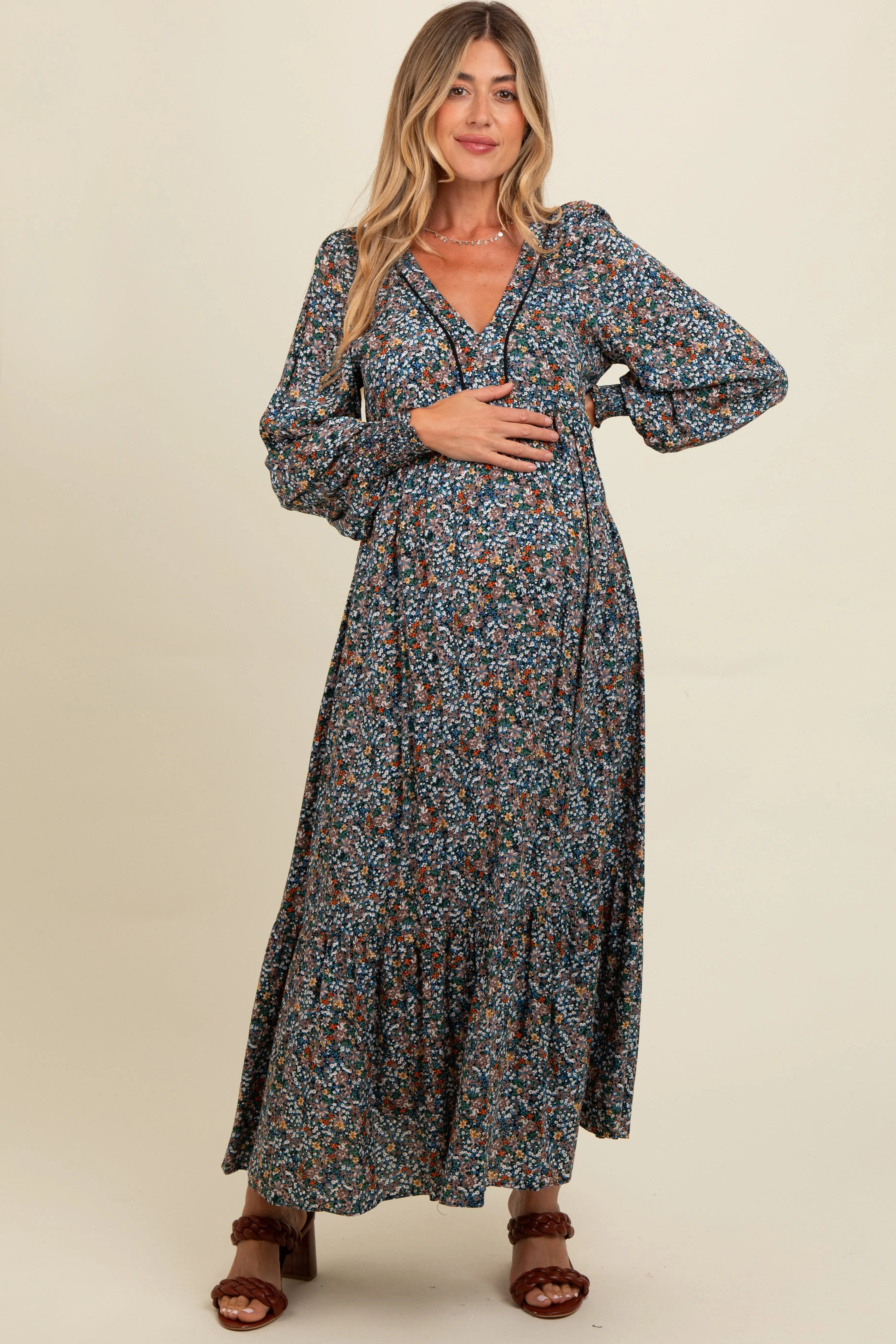 Navy Floral V-Neck Bubble Sleeve Maternity Maxi Dress sold by Pinkblush product image thumbnail 2