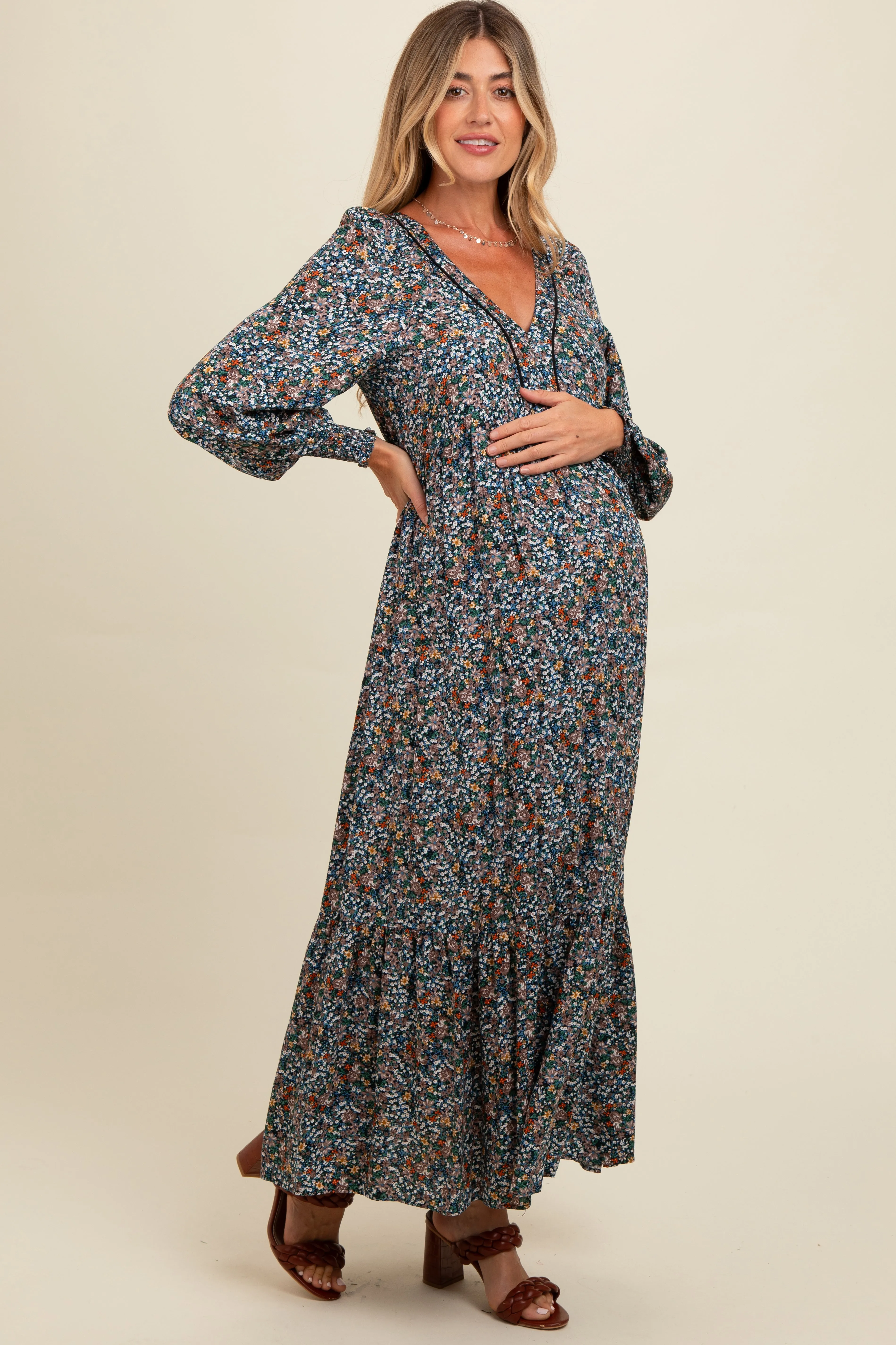 Navy Floral V-Neck Bubble Sleeve Maternity Maxi Dress sold by Pinkblush product image thumbnail 3