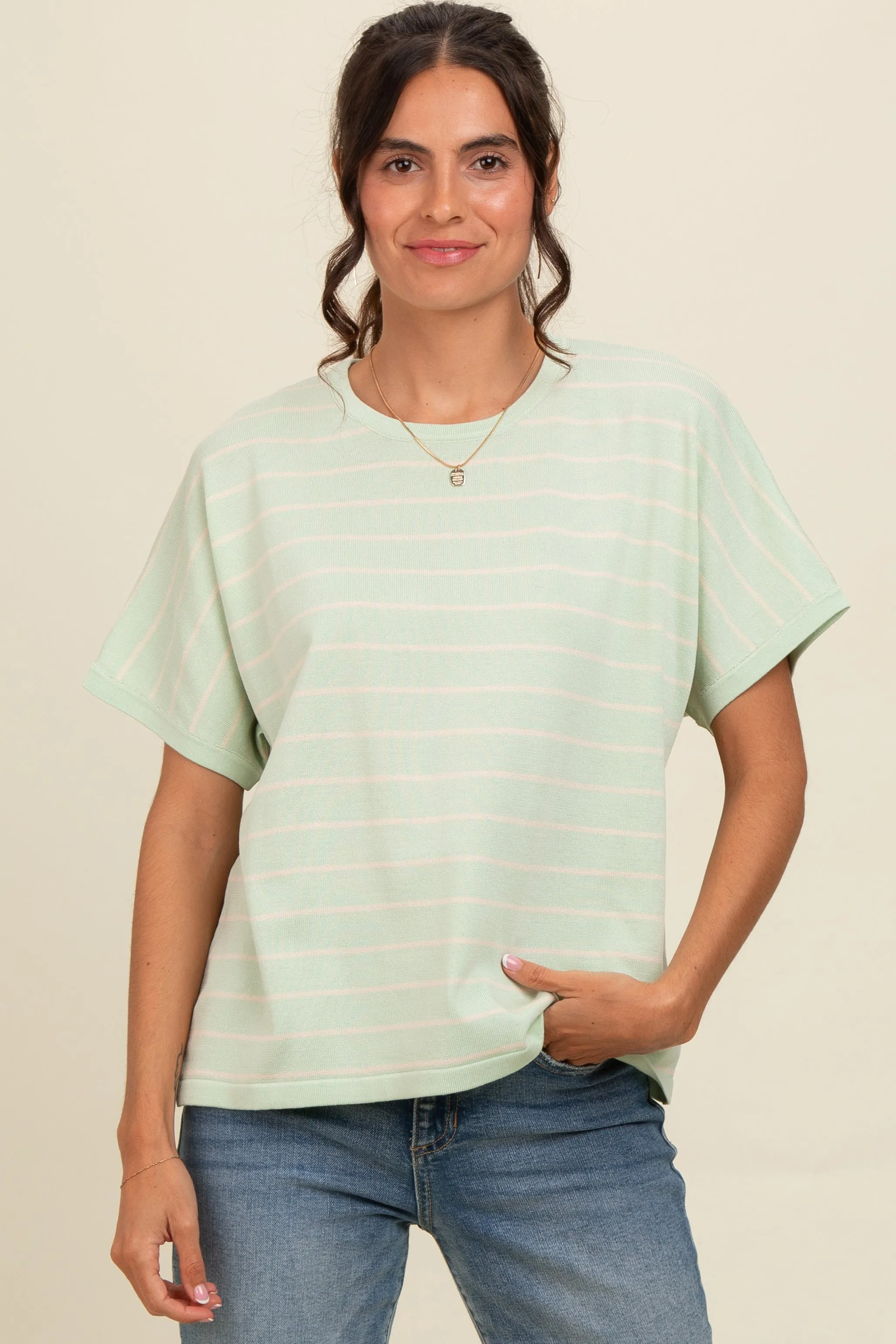 Mint Green Striped Boxy Short Sleeve Top sold by Pinkblush product image thumbnail 2