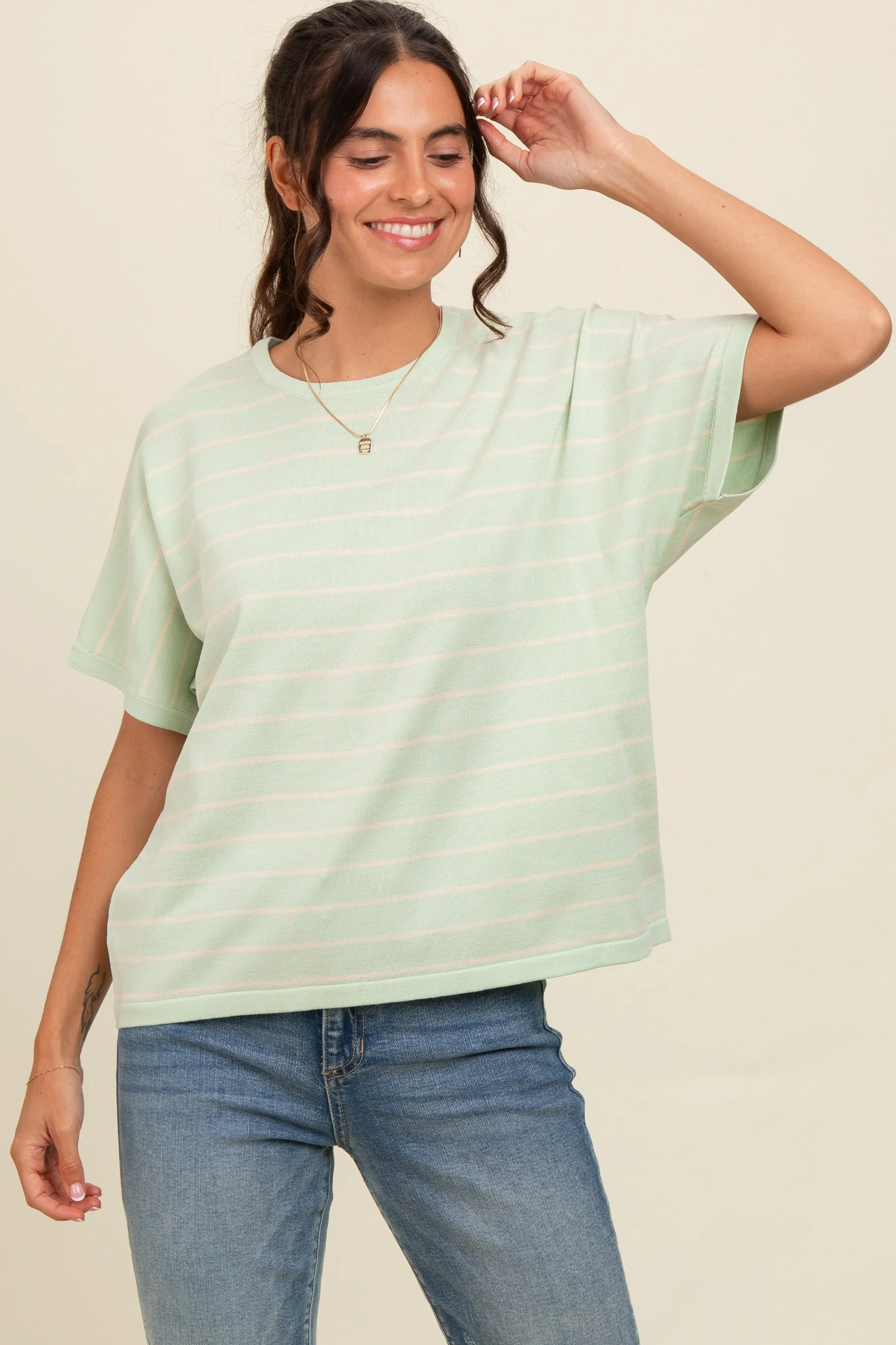 Mint Green Striped Boxy Short Sleeve Top sold by Pinkblush