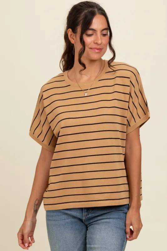 Taupe Striped Boxy Short Sleeve Top sold by Pinkblush