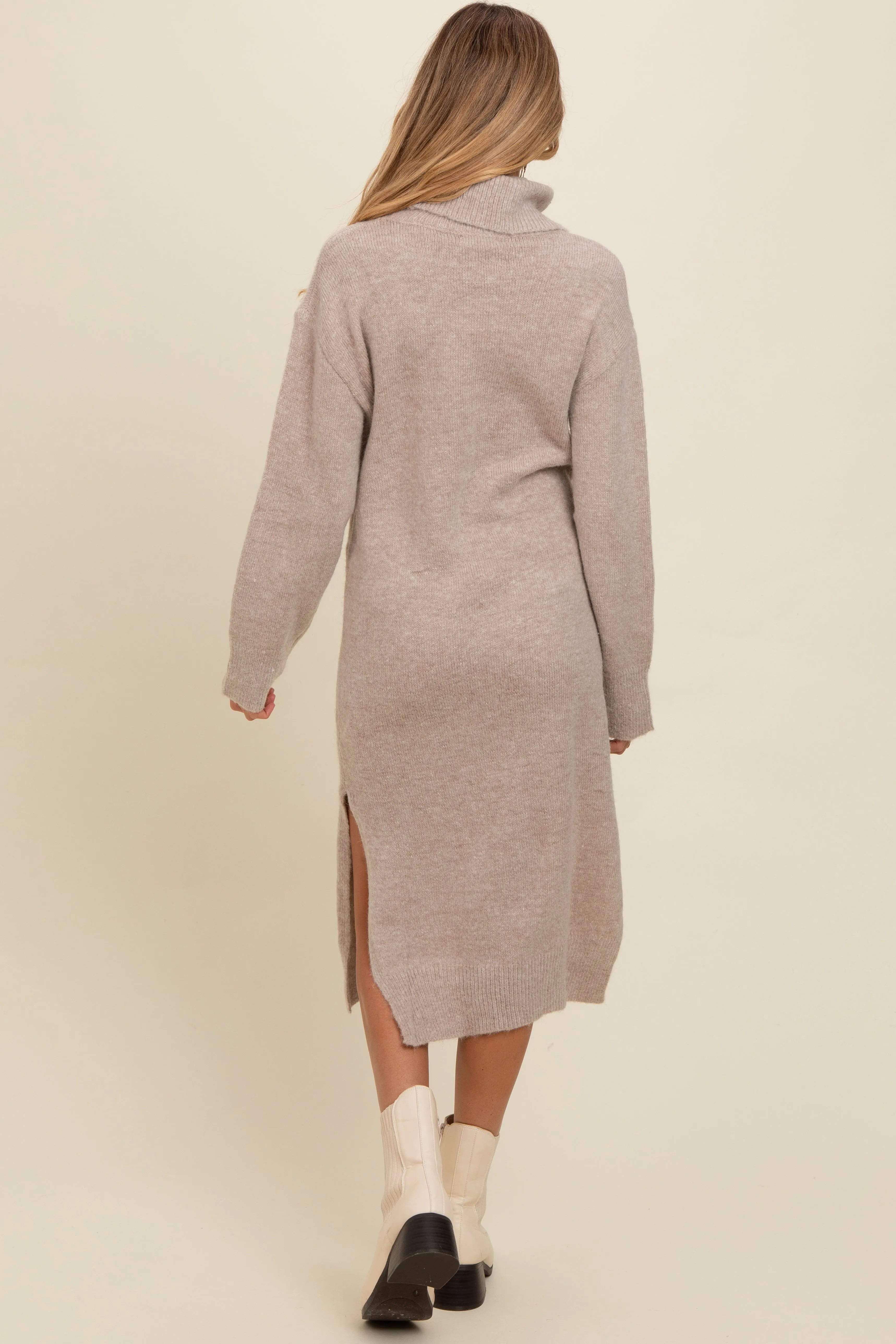 Beige Turtleneck Side Slit Knit Maternity Midi Sweater Dress sold by Pinkblush product image thumbnail 4