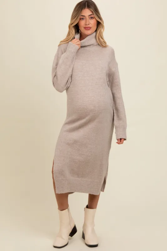 Beige Turtleneck Side Slit Knit Maternity Midi Sweater Dress sold by Pinkblush