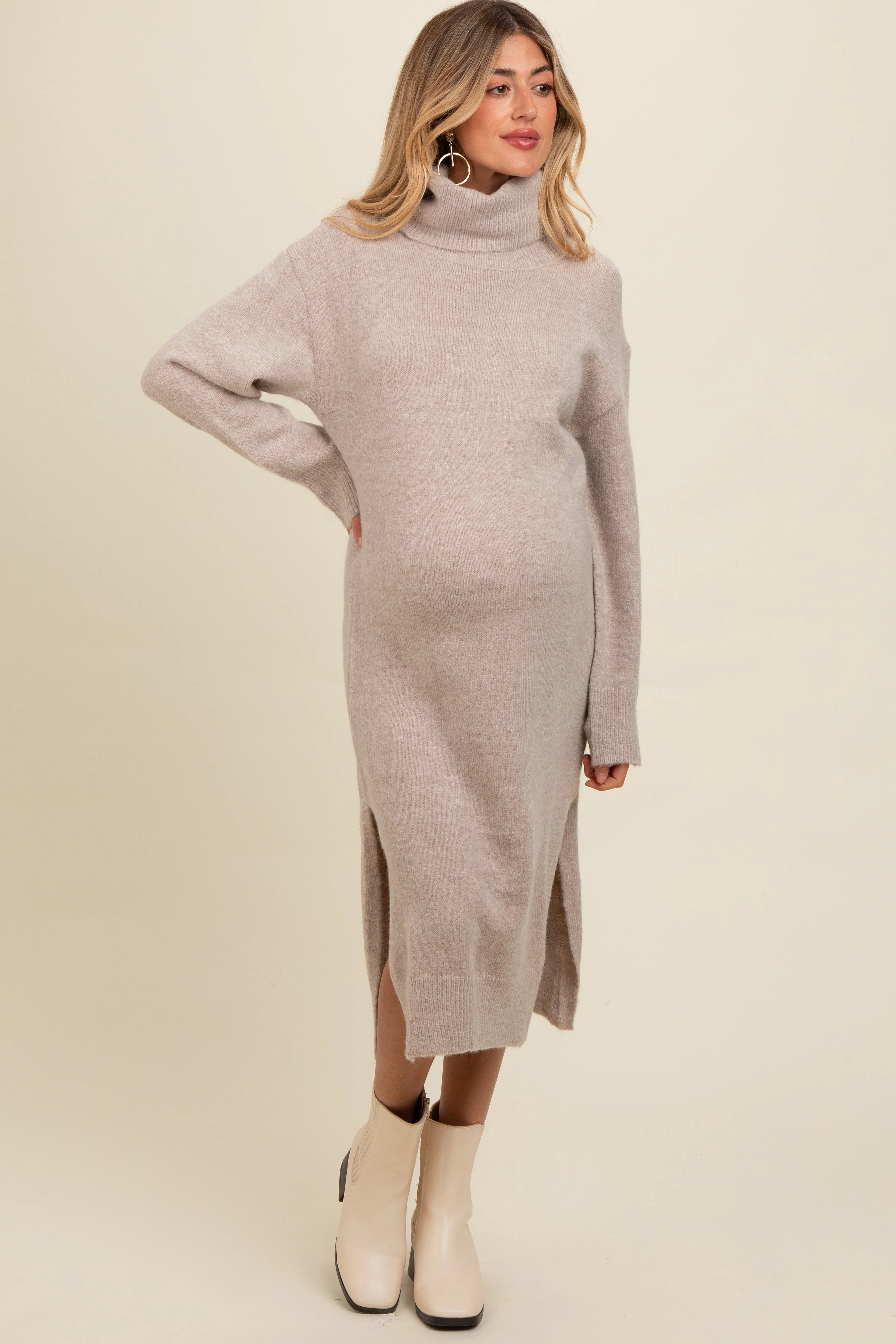 Beige Turtleneck Side Slit Knit Maternity Midi Sweater Dress sold by Pinkblush product image thumbnail 2