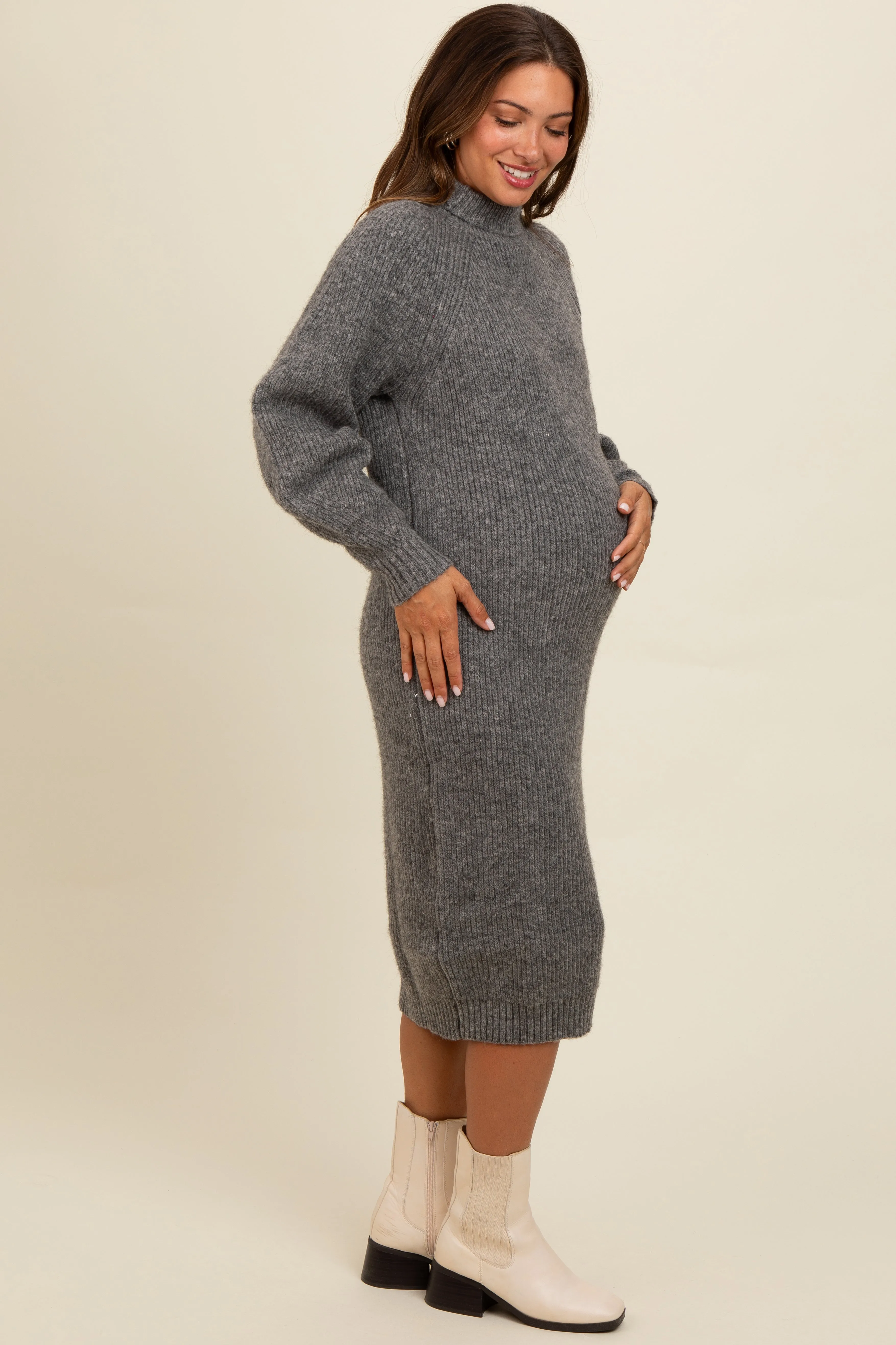 Charcoal Mock Neck Bubble Sleeve Maternity Midi Sweater Dress sold by Pinkblush product image thumbnail 2