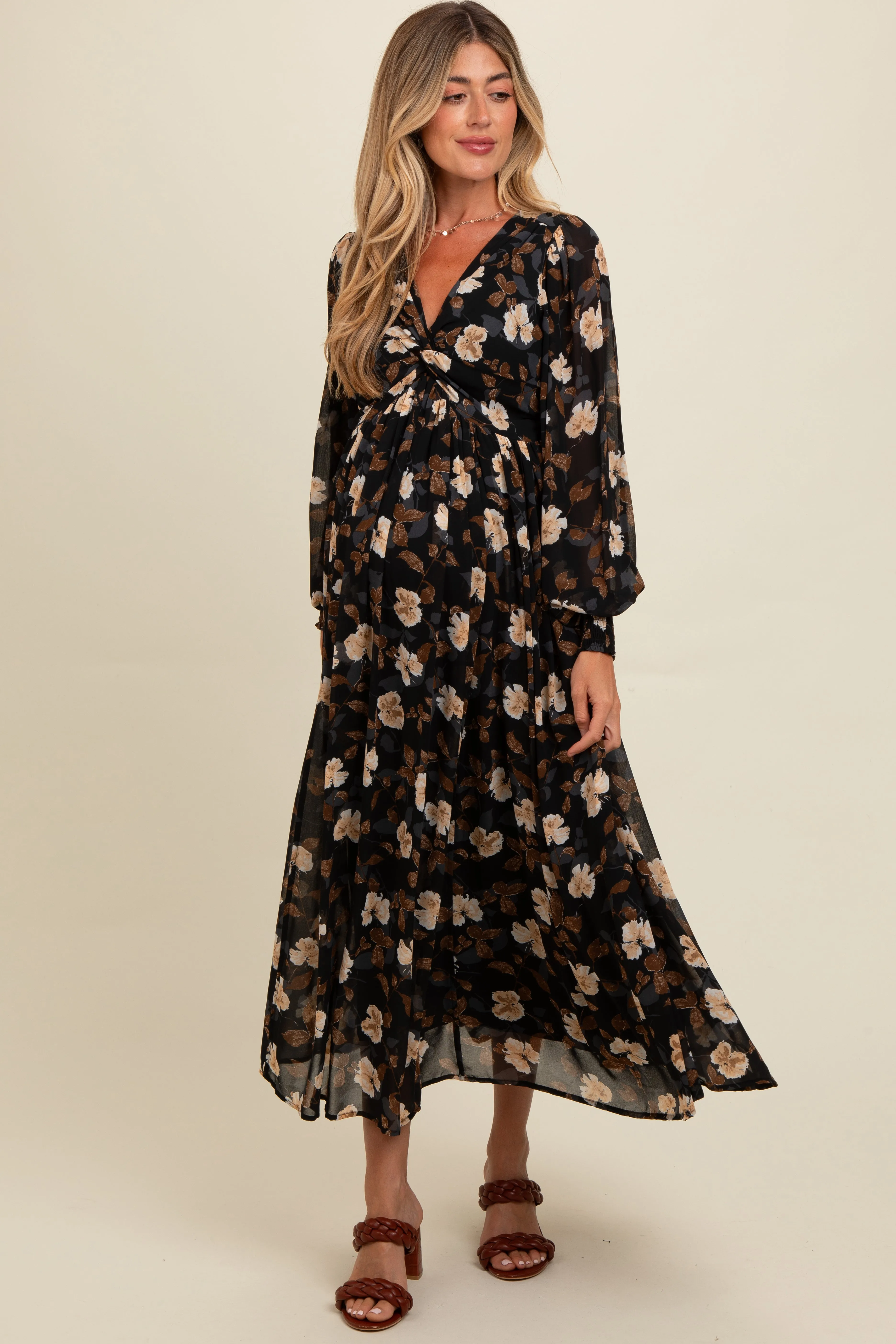 Black Floral Chiffon Twist Front Wrap Maternity Maxi Dress sold by Pinkblush product image thumbnail 2