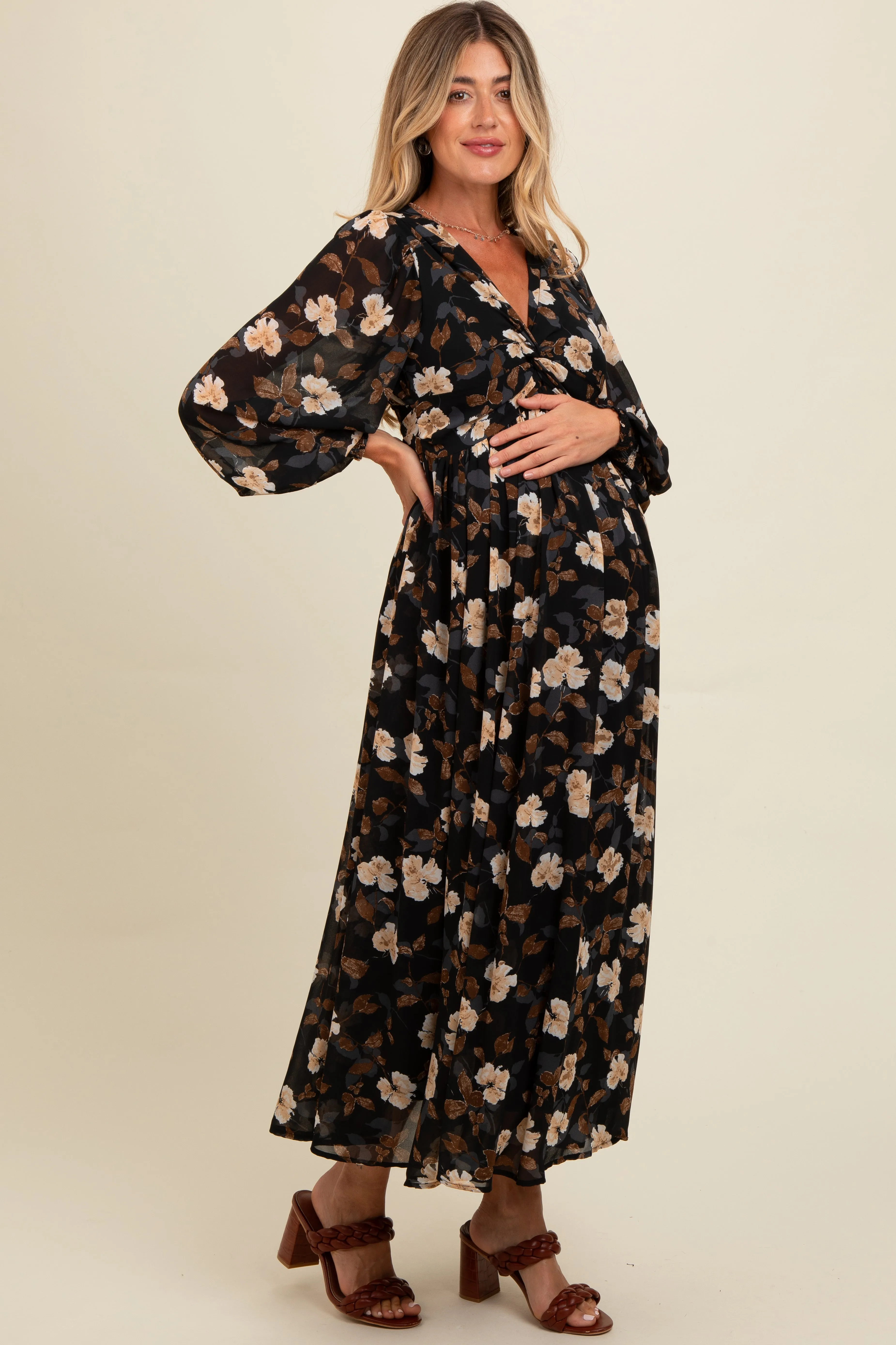 Black Floral Chiffon Twist Front Wrap Maternity Maxi Dress sold by Pinkblush product image thumbnail 3