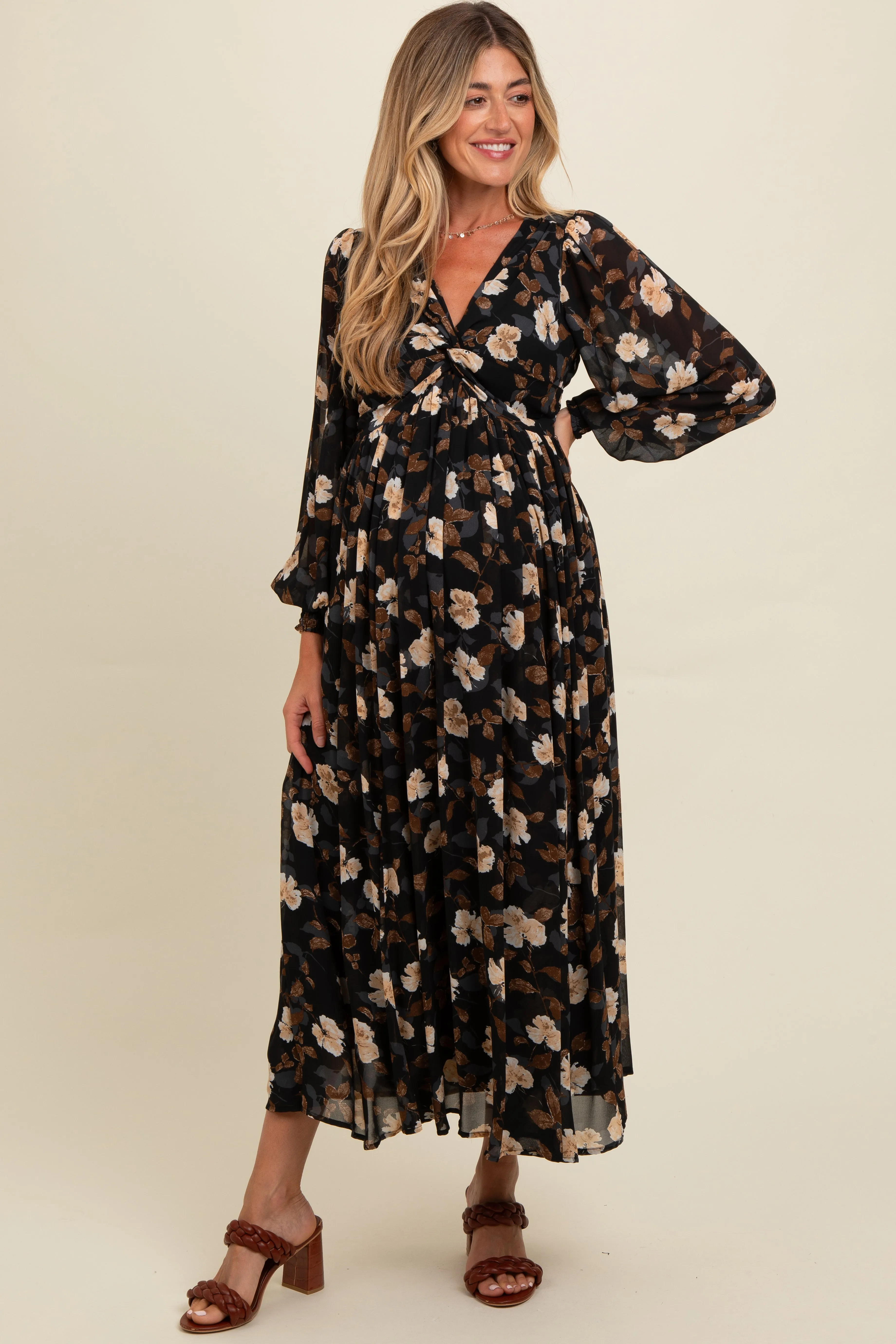 Black Floral Chiffon Twist Front Wrap Maternity Maxi Dress sold by Pinkblush