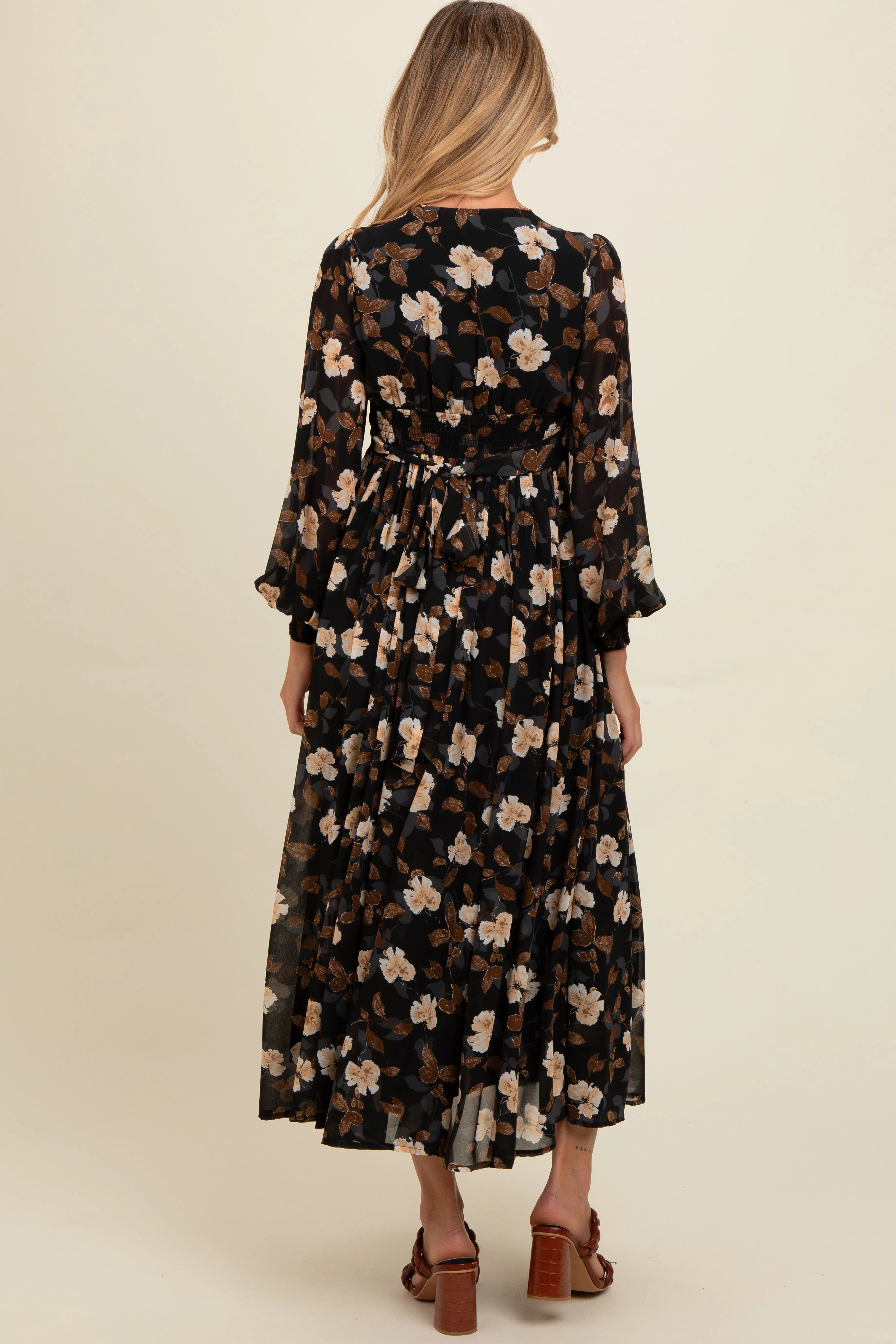 Black Floral Chiffon Twist Front Wrap Maternity Maxi Dress sold by Pinkblush product image thumbnail 4