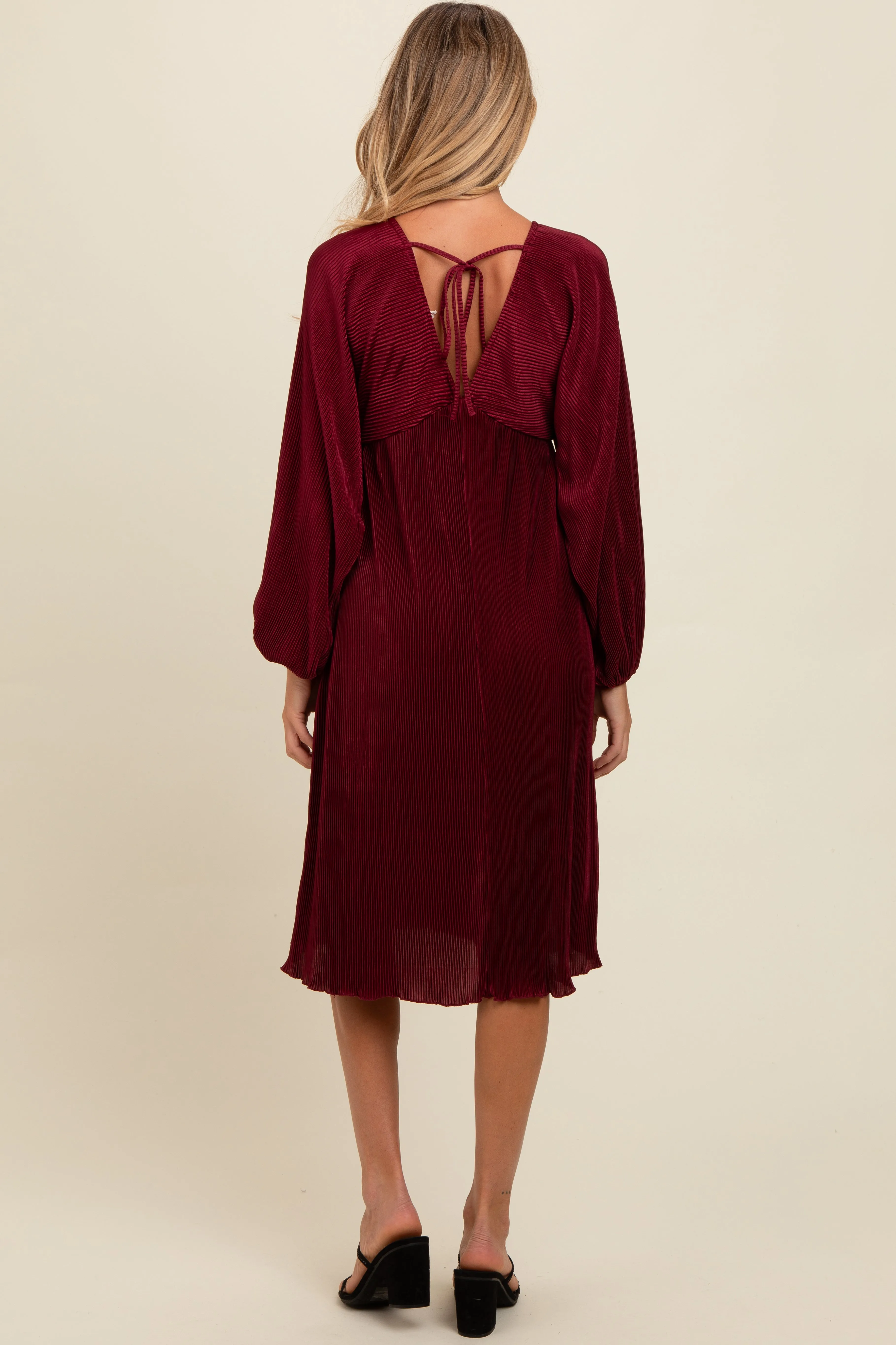 Burgundy Pleated Deep V-Neck Maternity Midi Dress sold by Pinkblush product image thumbnail 4