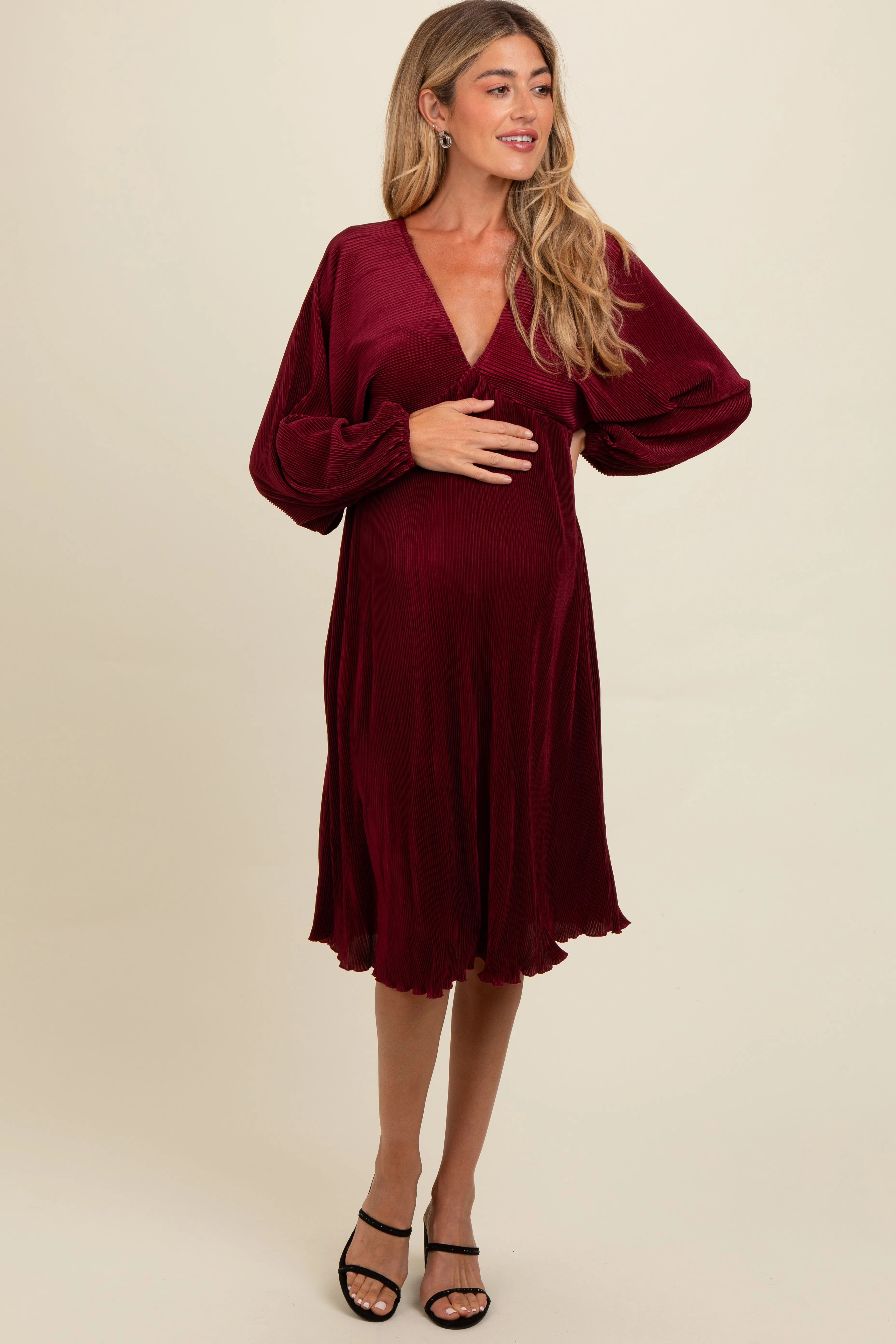 Burgundy Pleated Deep V-Neck Maternity Midi Dress sold by Pinkblush
