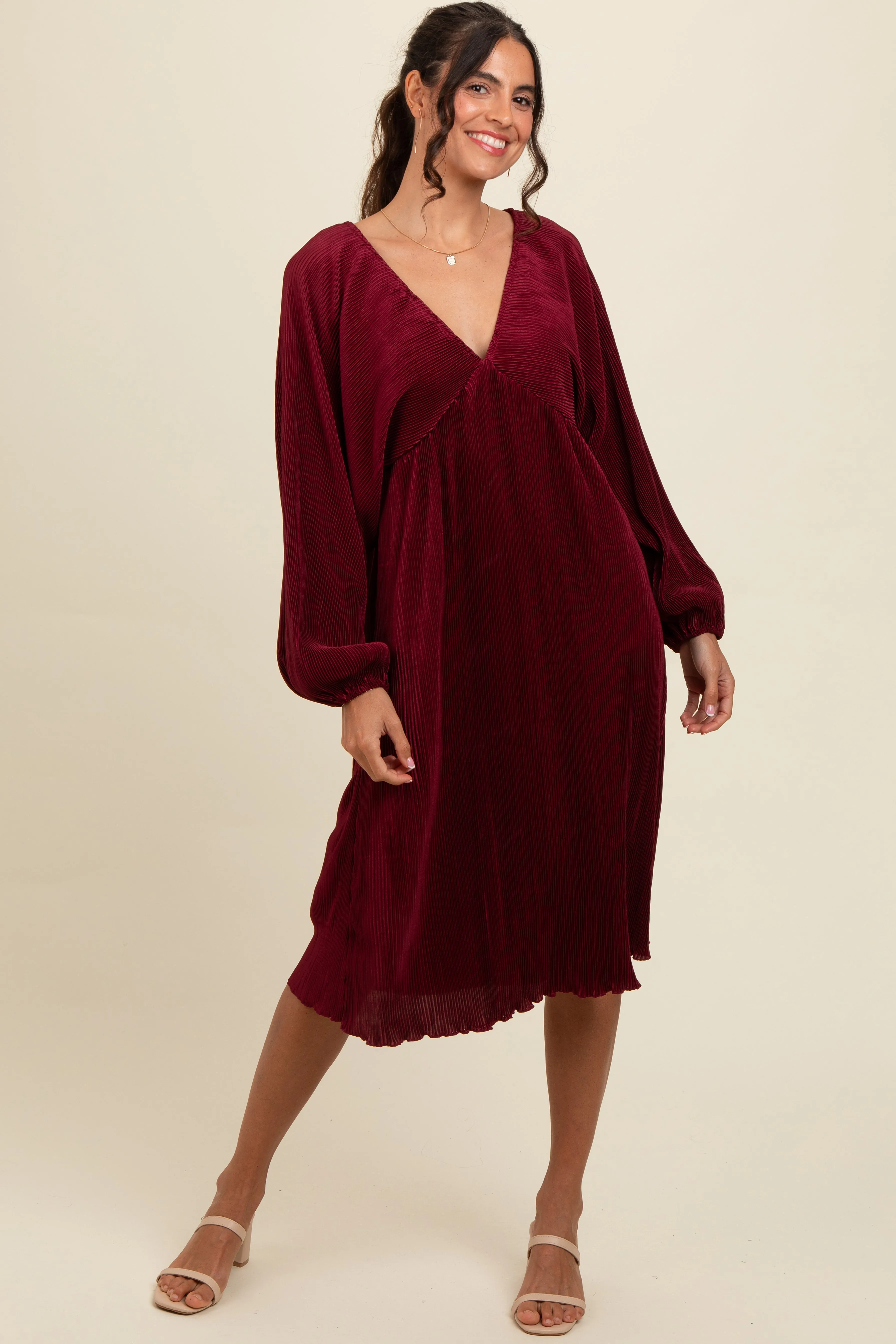 Burgundy Pleated Deep V-Neck Maternity Midi Dress sold by Pinkblush product image thumbnail 5
