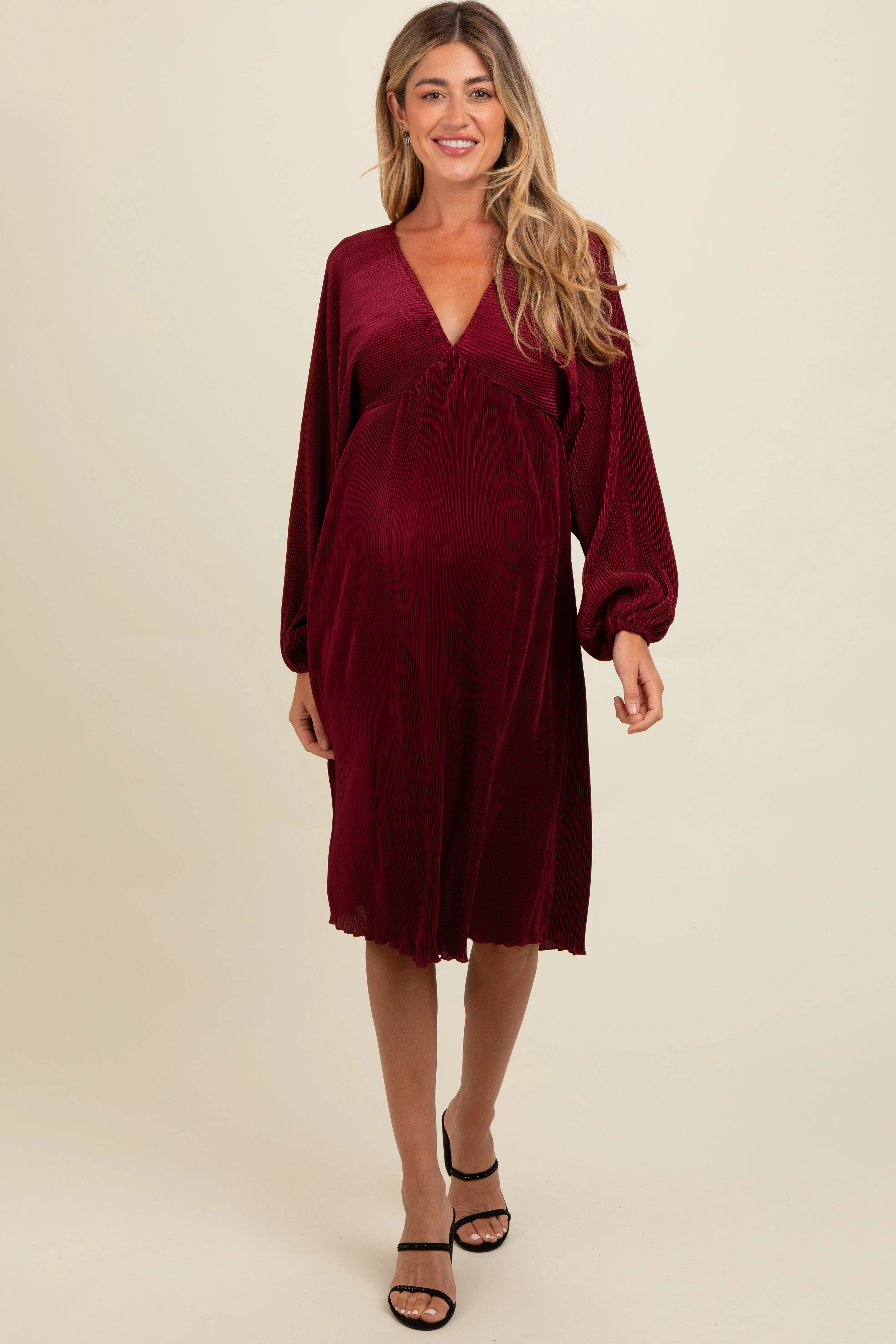 Burgundy Pleated Deep V-Neck Maternity Midi Dress sold by Pinkblush product image thumbnail 2