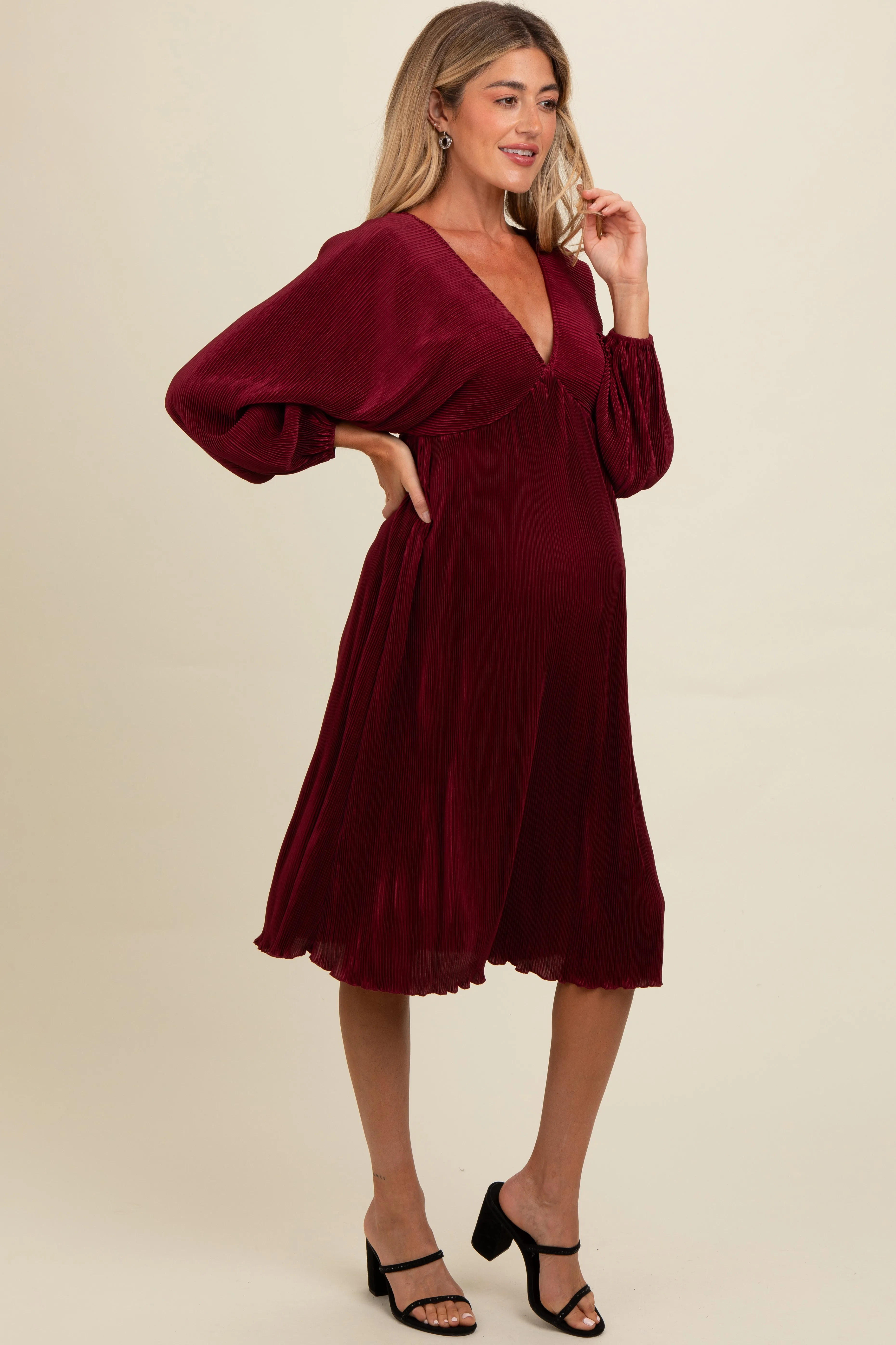 Burgundy Pleated Deep V-Neck Maternity Midi Dress sold by Pinkblush product image thumbnail 3