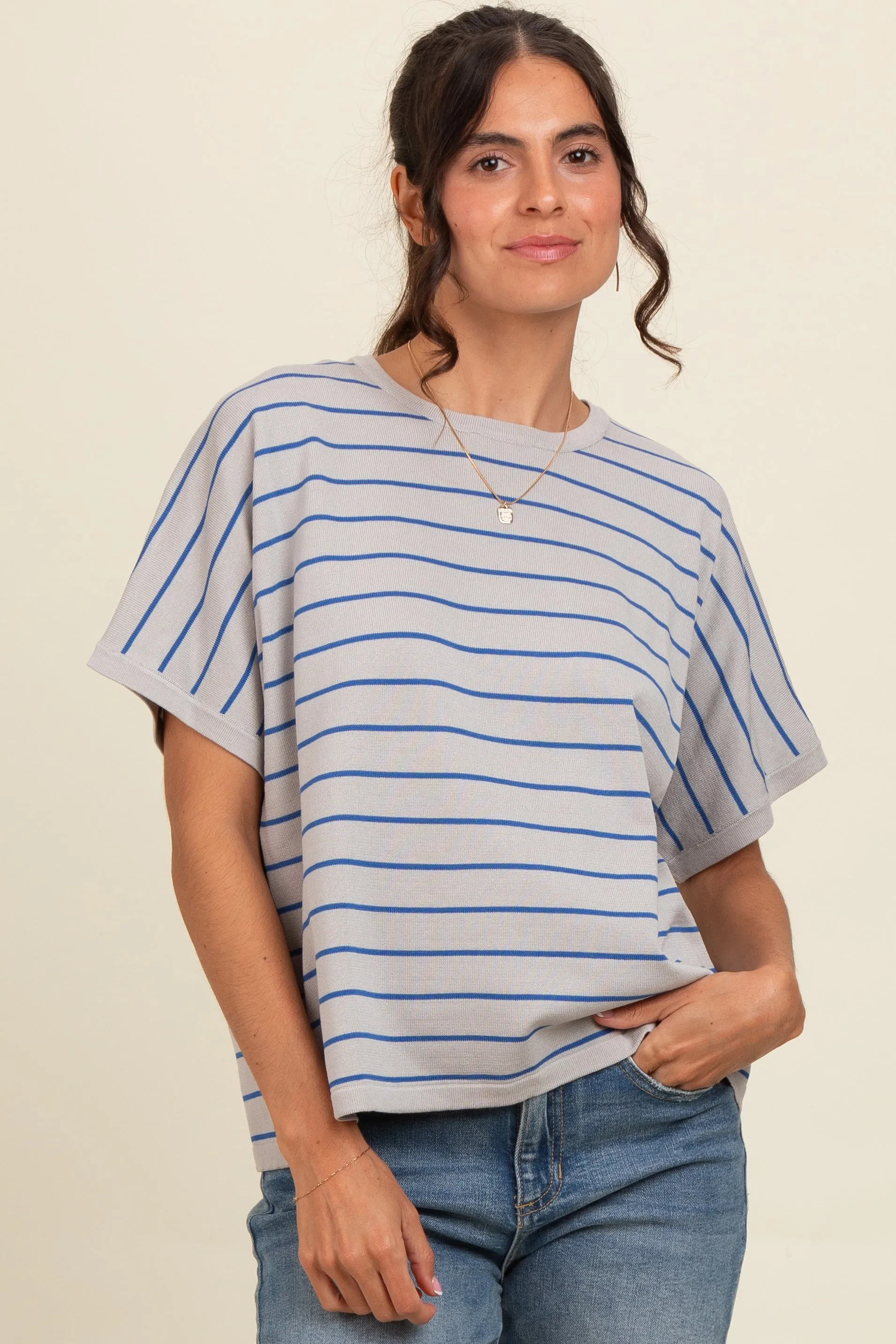 Grey Striped Boxy Short Sleeve Top sold by Pinkblush
