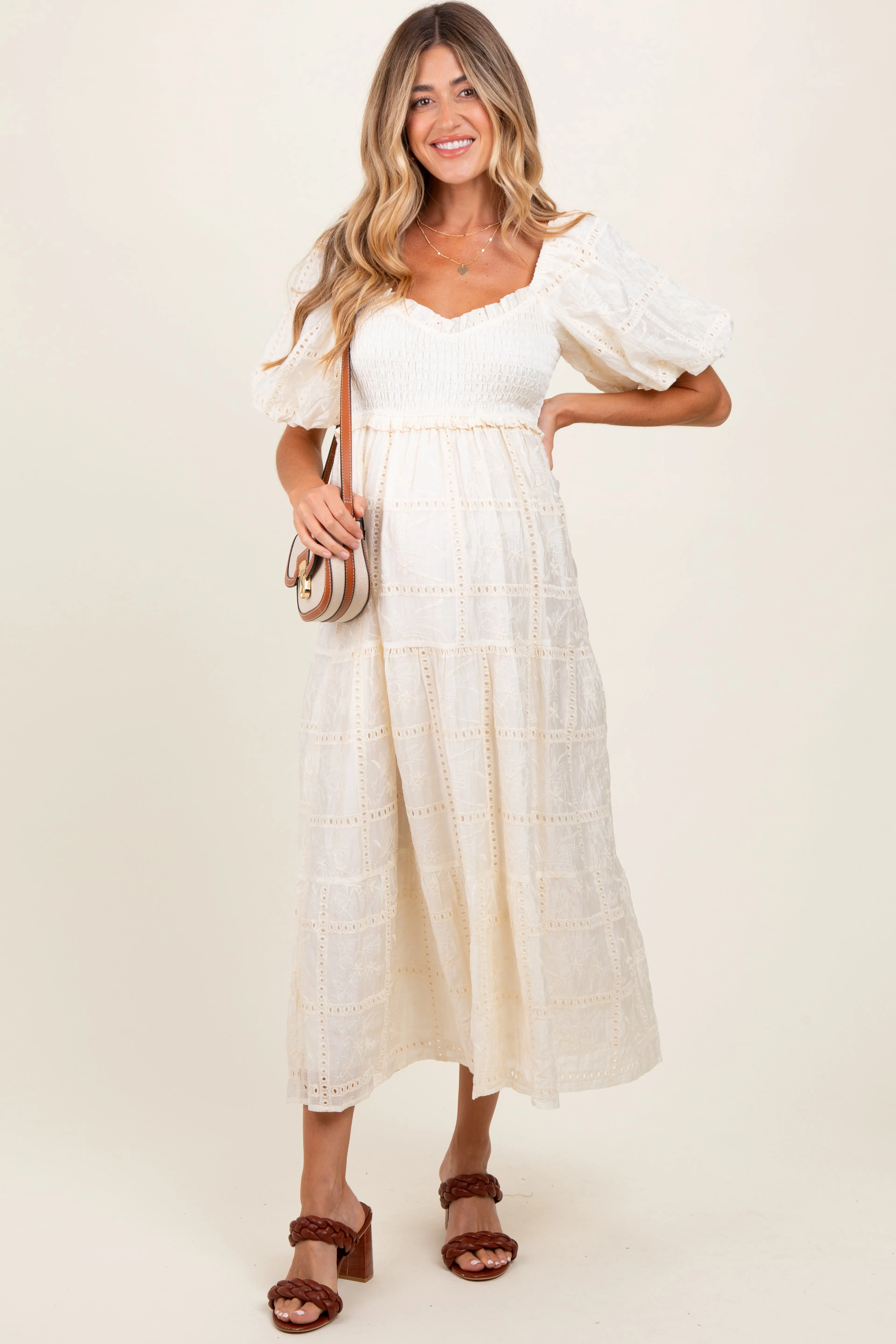 Ivory Smocked Puff Sleeve Maternity Maxi Dress sold by Pinkblush