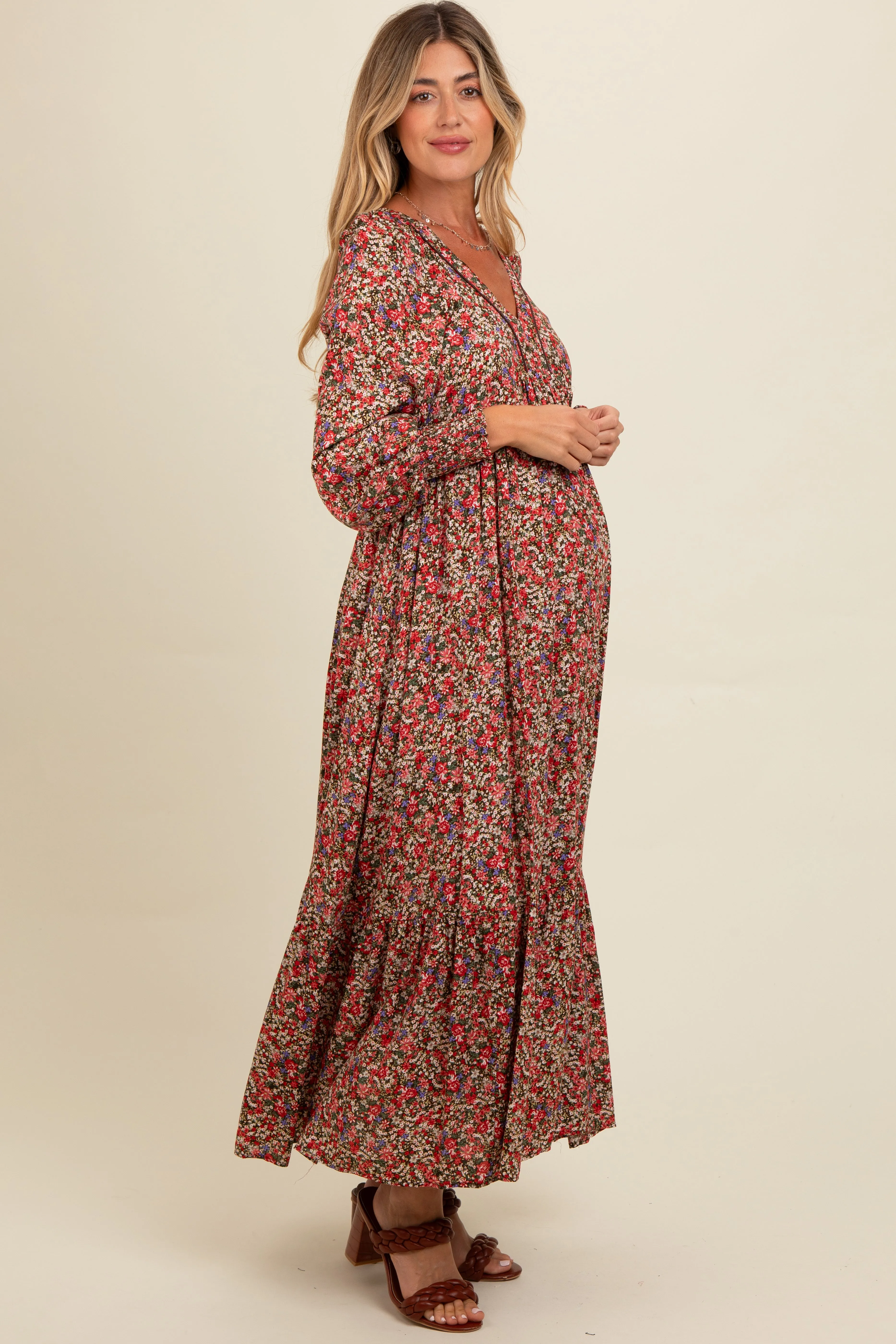 Mocha Floral V-Neck Bubble Sleeve Maternity Maxi Dress sold by Pinkblush product image thumbnail 3