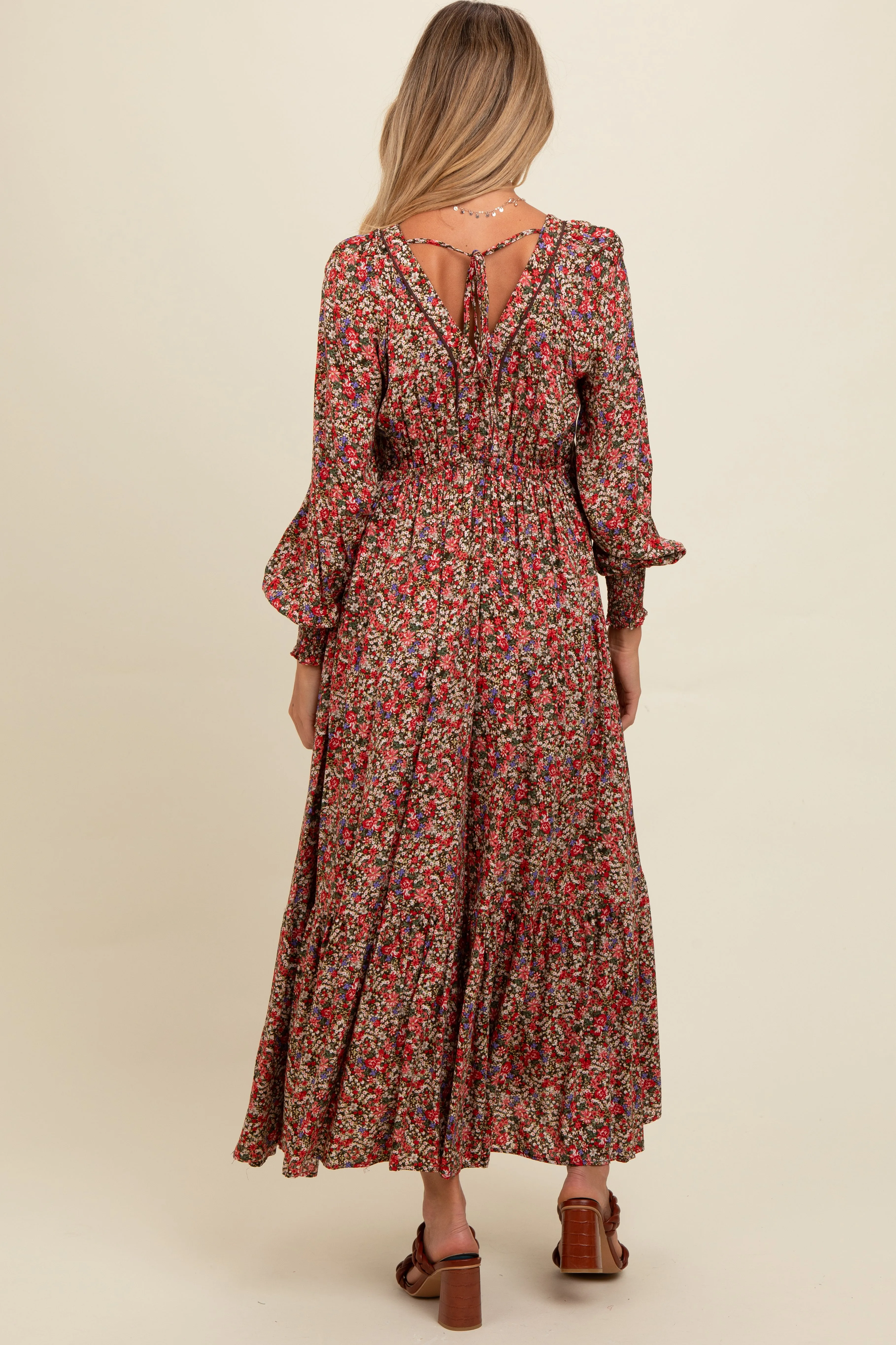 Mocha Floral V-Neck Bubble Sleeve Maternity Maxi Dress sold by Pinkblush product image thumbnail 4